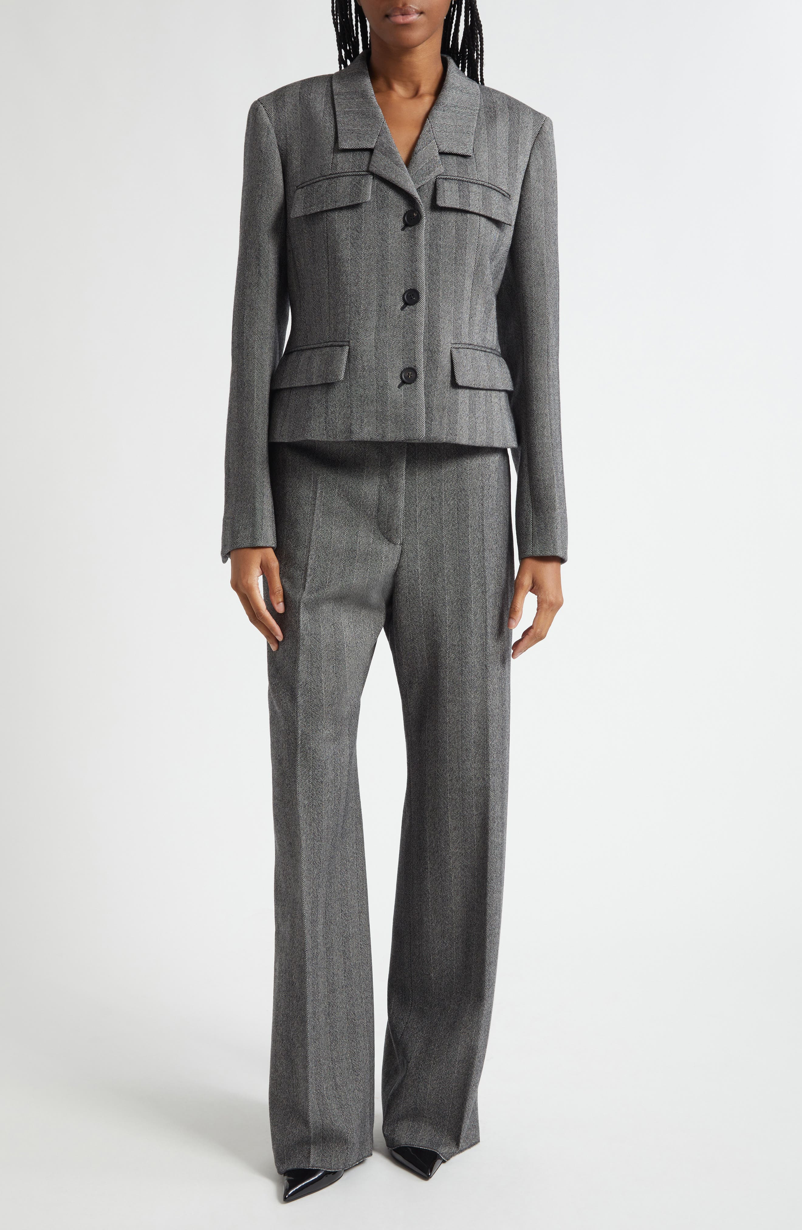 FERRAGAMO Wool Blend Herringbone Crop Jacket in Nero/White Sand at Nordstrom - 2