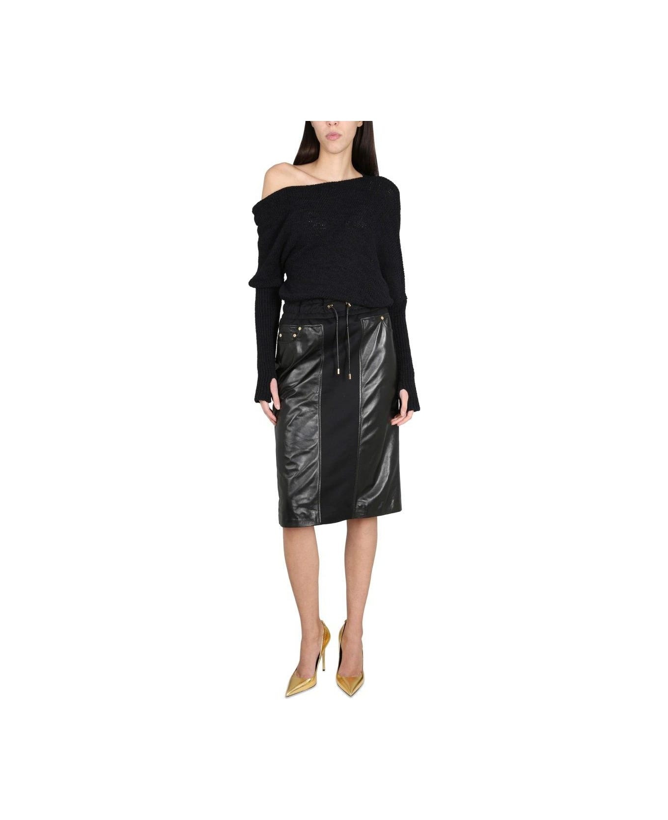 Drawstring Leather Midi Skirt - 4