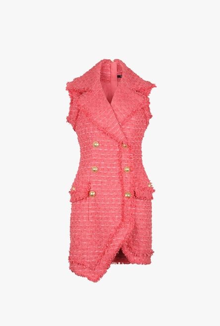 Short salmon pink tweed dress with gold-tone double-buttoned fastening - 1