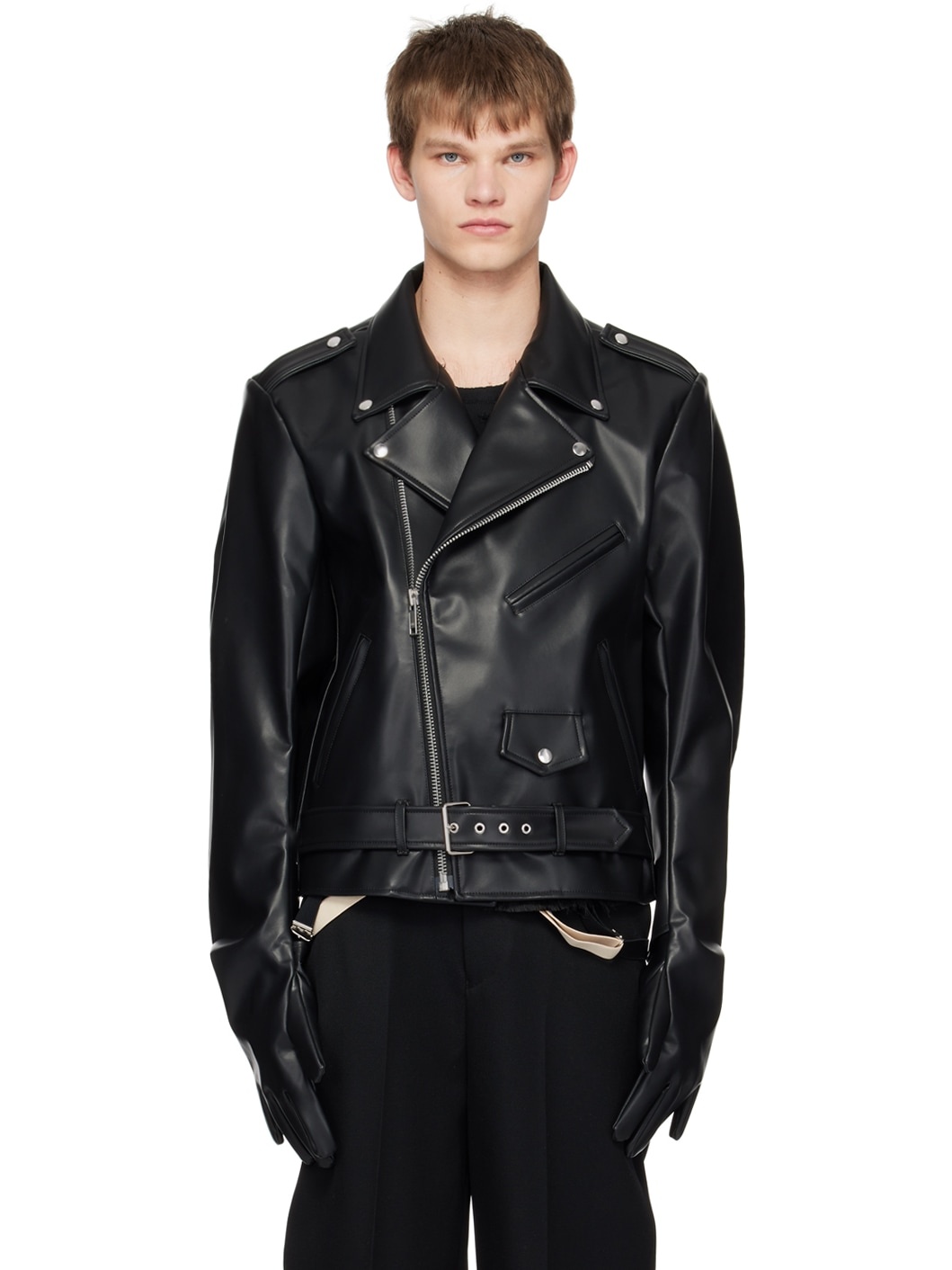 Black Glove Sleeve Rider's Leather Jacket - 1