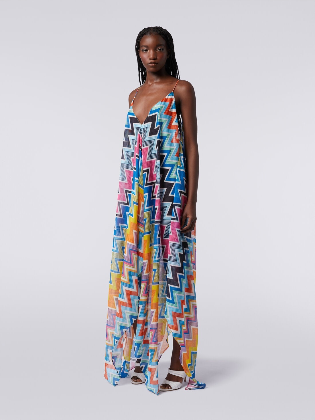 Long cover-up with neck scarf cut in printed cotton and silk - 3