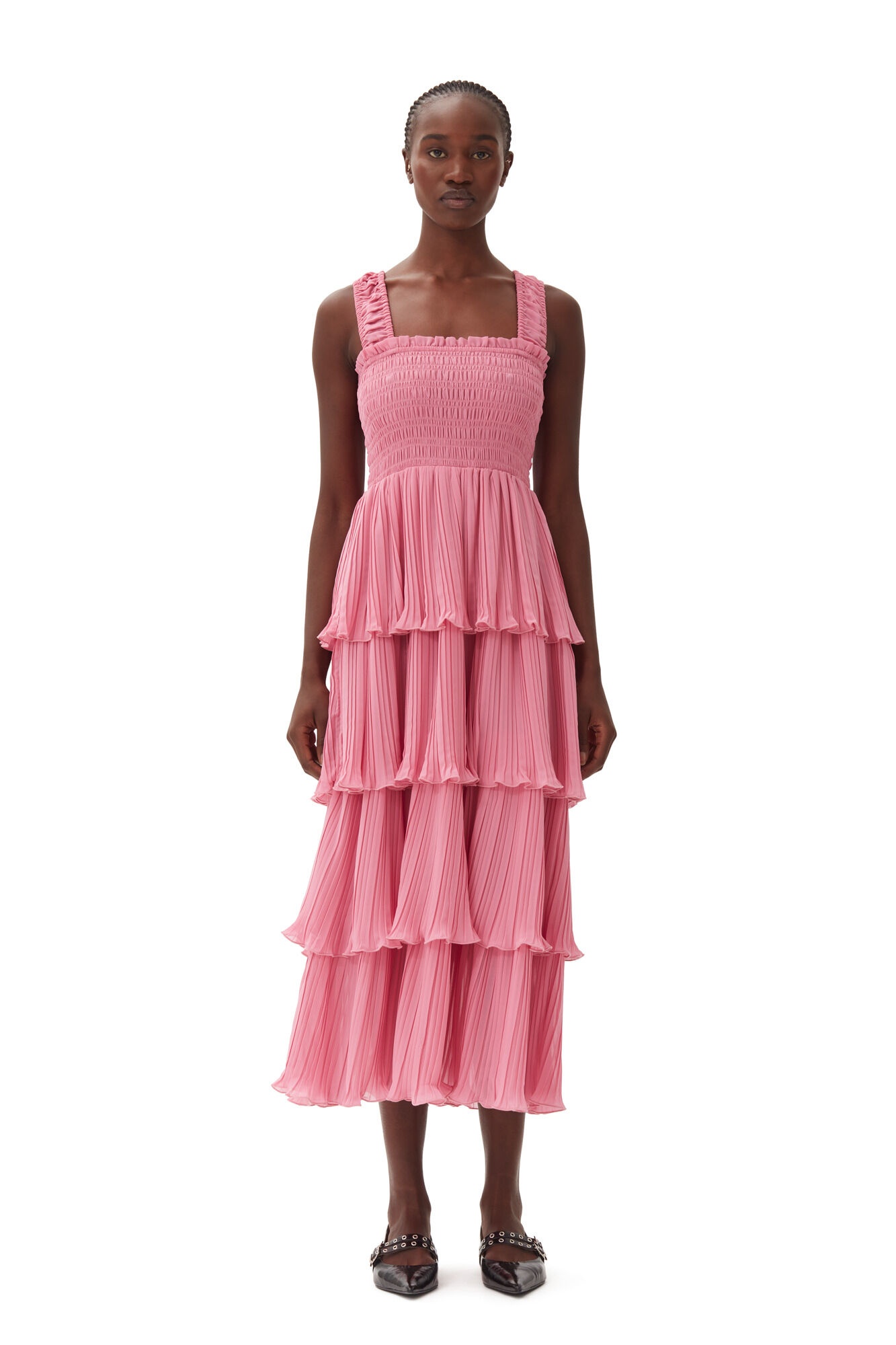 PINK PLEATED GEORGETTE FLOUNCE SMOCK MIDI DRESS - 2