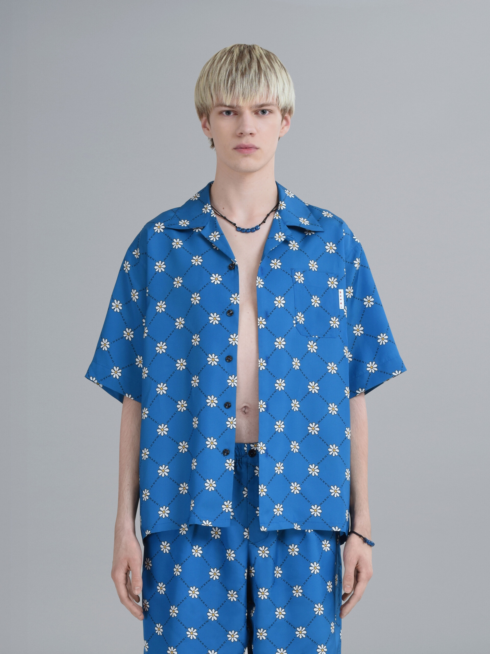 MARNIGRAM PRINT BLUE VISCOSE TOILE BOWLING SHIRT - 2