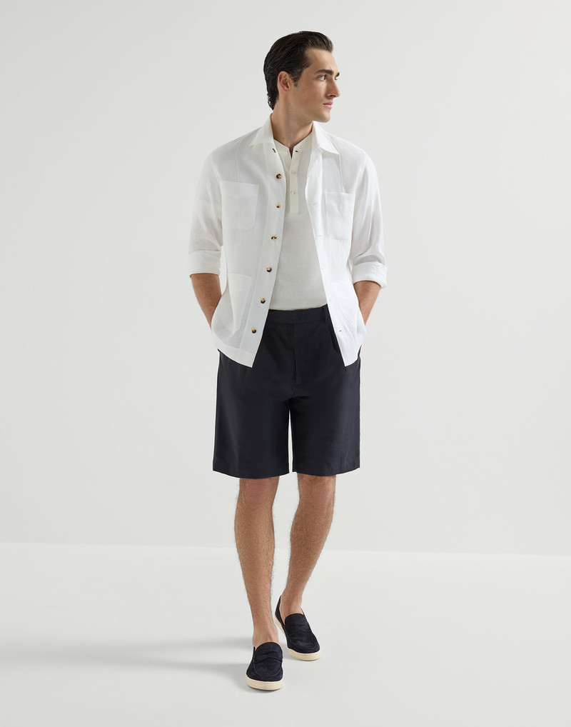 Brunello Cucinelli Cotton and linen panama Bermuda shorts with pleats and tabbed waistband outlook