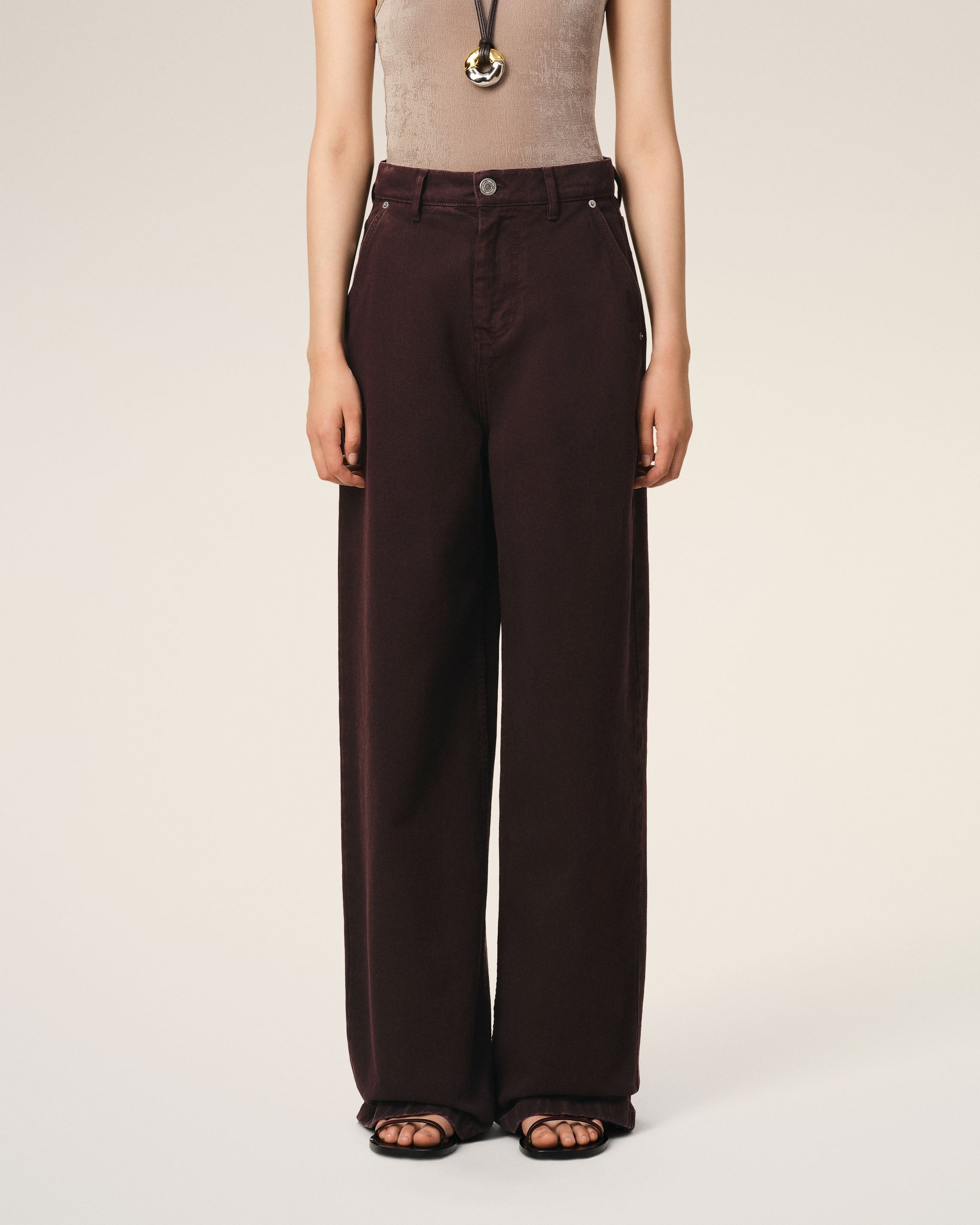 BURGUNDY COTTON WIDE FIT JEANS - 3