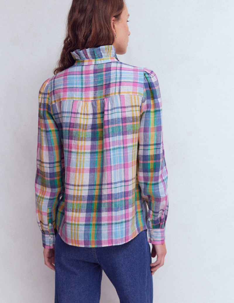 Isabel Ruffle Linen Shirt-Multi Check 4