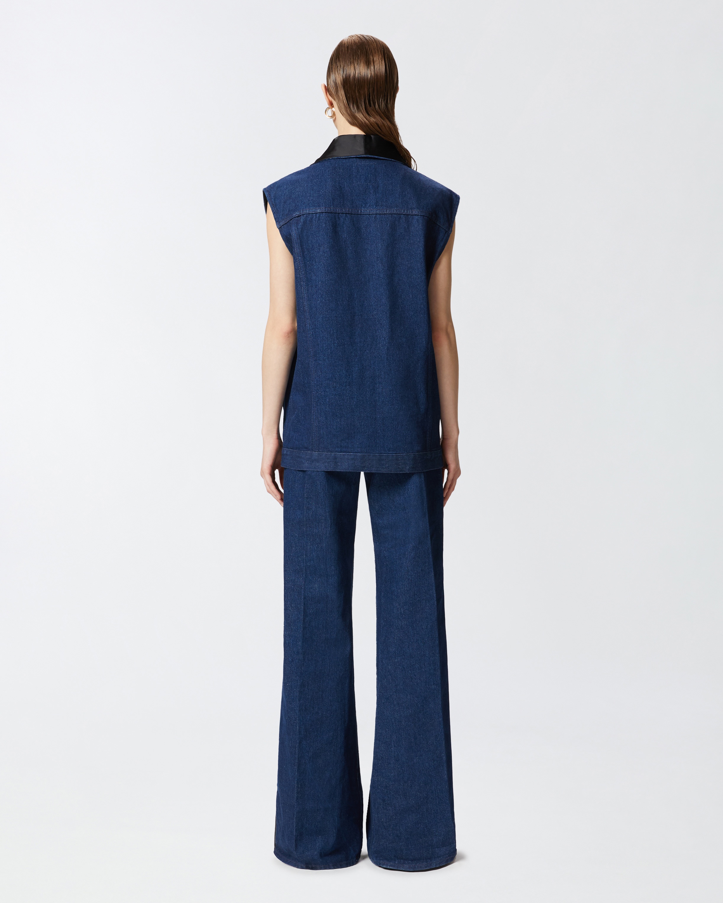 DENIM VEST WITH BLACK SATIN LAPEL COLLAR - 4