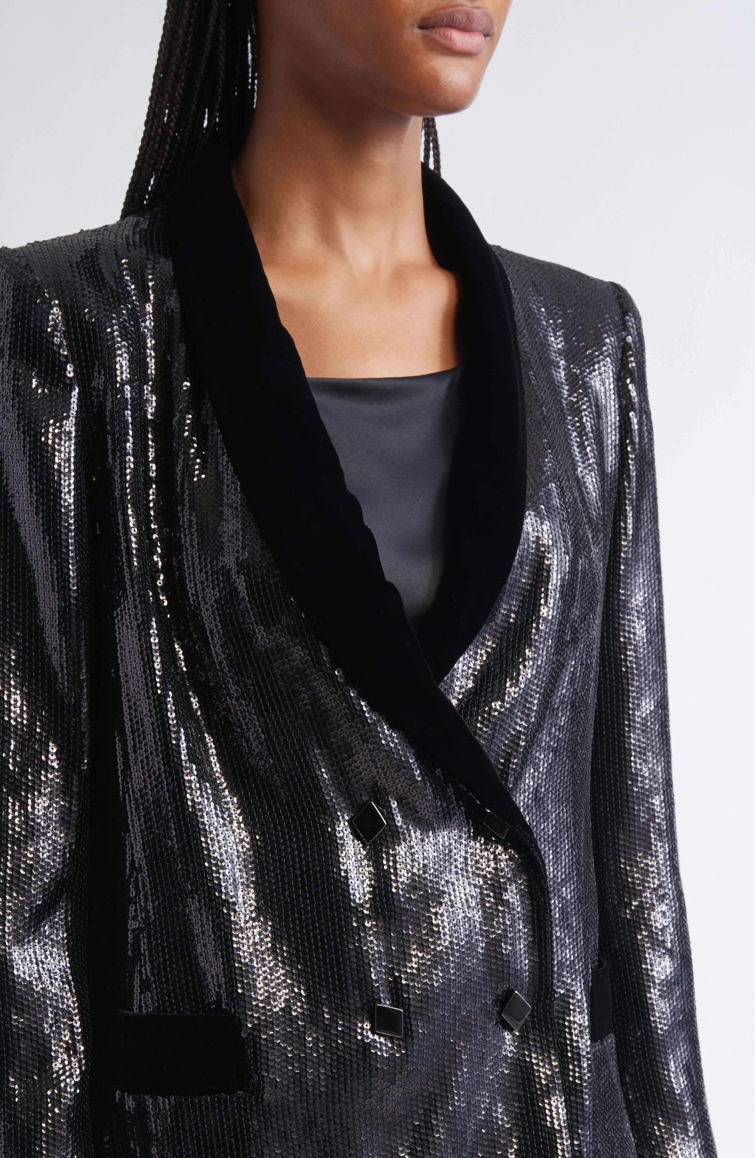 Emporio Armani Sequin Double Breasted Blazer in Solid Black at Nordstrom - 4
