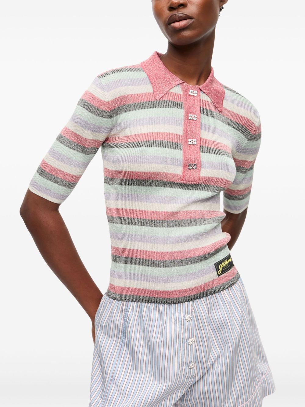 striped lurex-knit polo shirt - 3