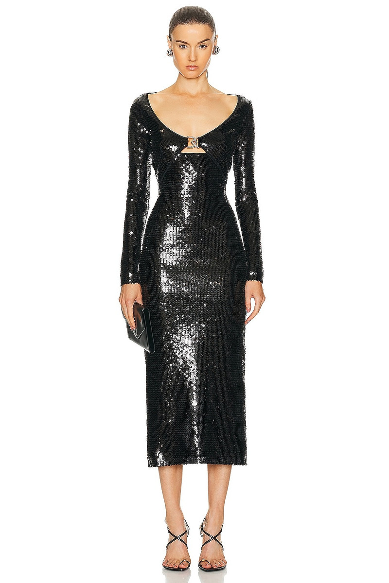 Logo Buckle Long Sleeve Sequin Midi Dress 1
