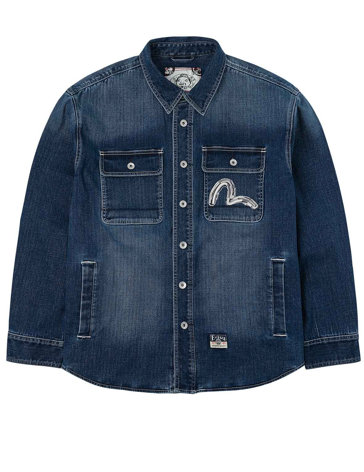 Washed Seagull Embroidery Regular Fit Denim Shirt - 11