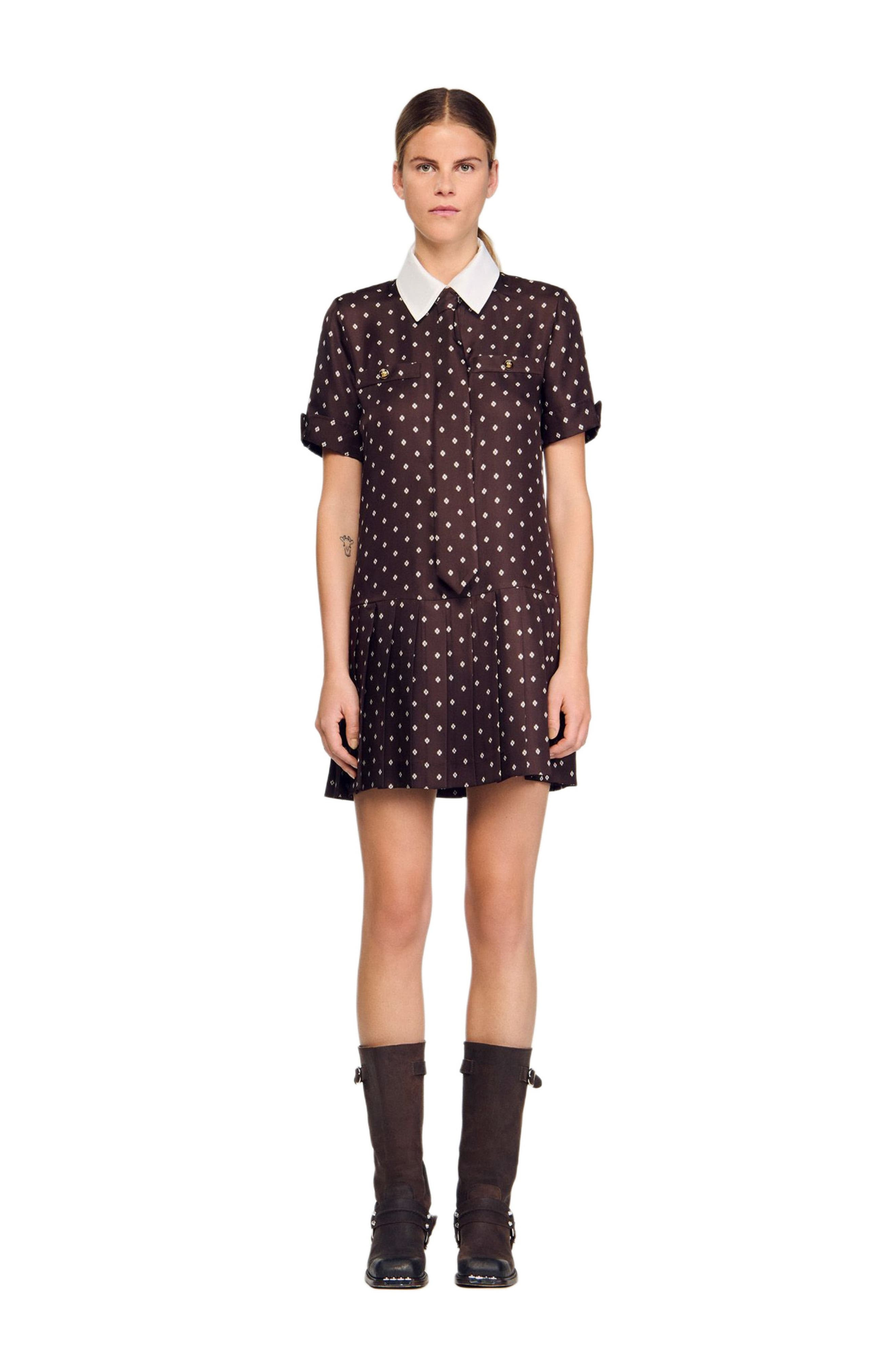 SANDRO Printed satin-effect short dress in Brown /White at Nordstrom - 2