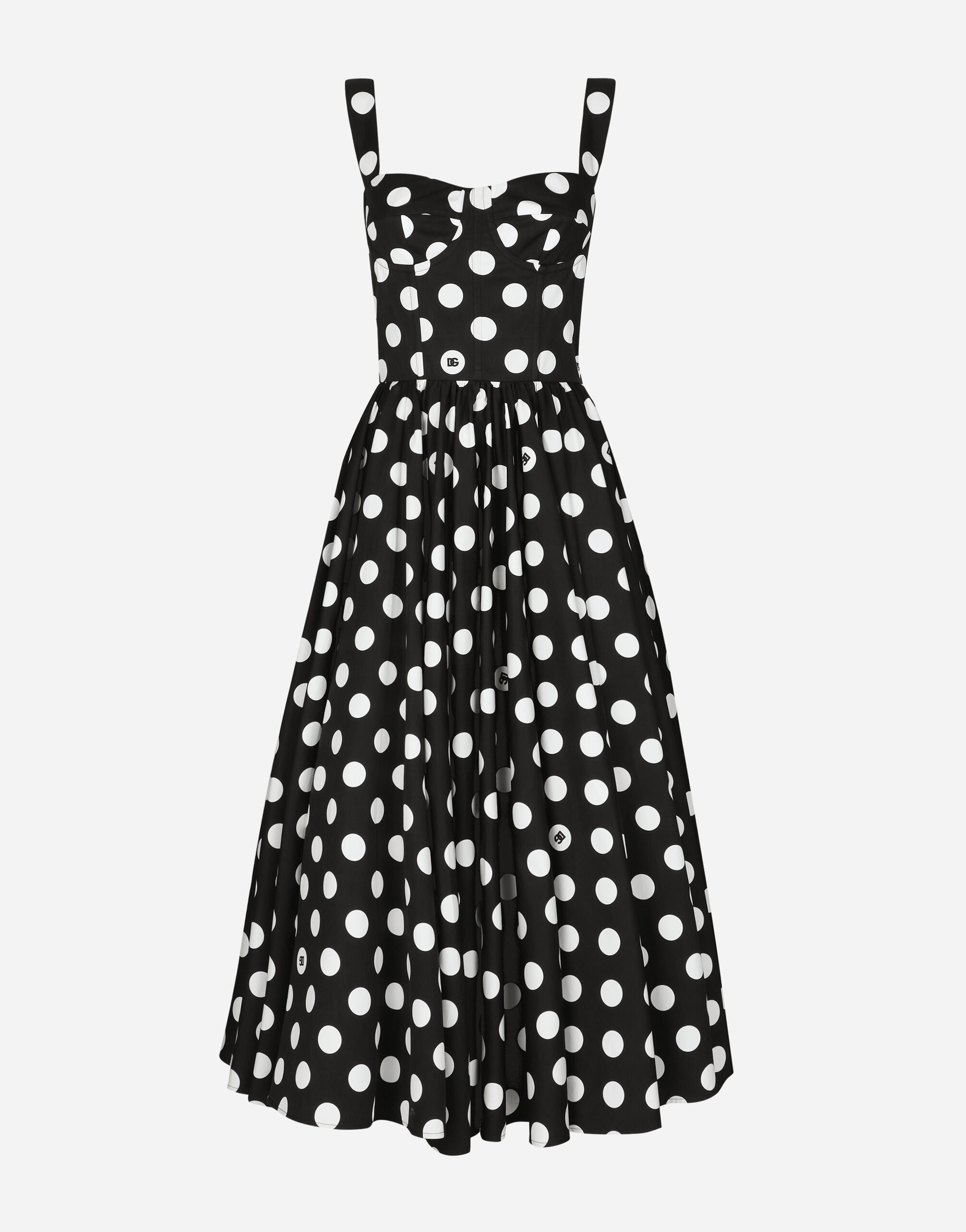 Cotton calf-length corset dress with polka-dot print - 1