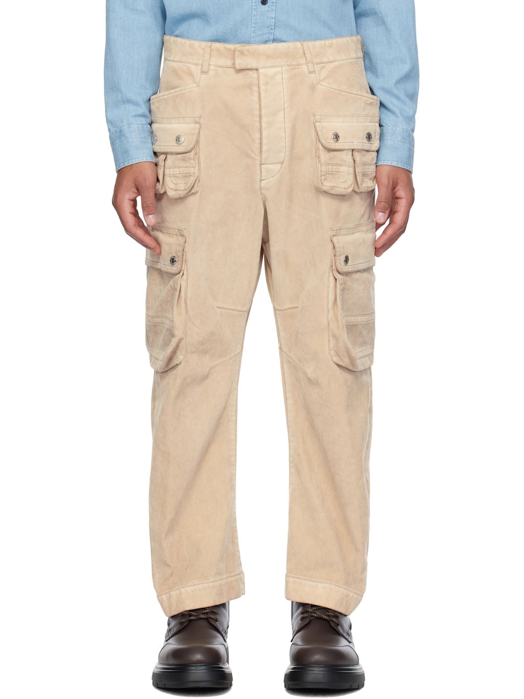 Beige Grunge Denim Cargo Pants - 1