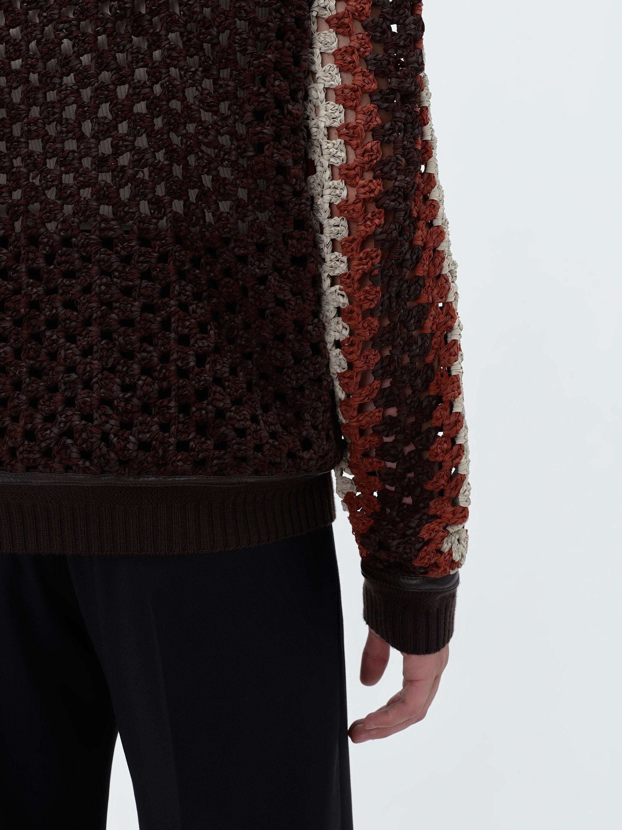 CROCHET KNIT LEATHER CARDIGAN - 9