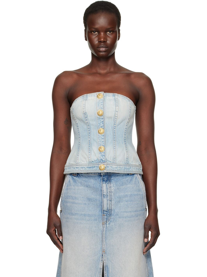 Blue Buttoned Denim Corset Top 1