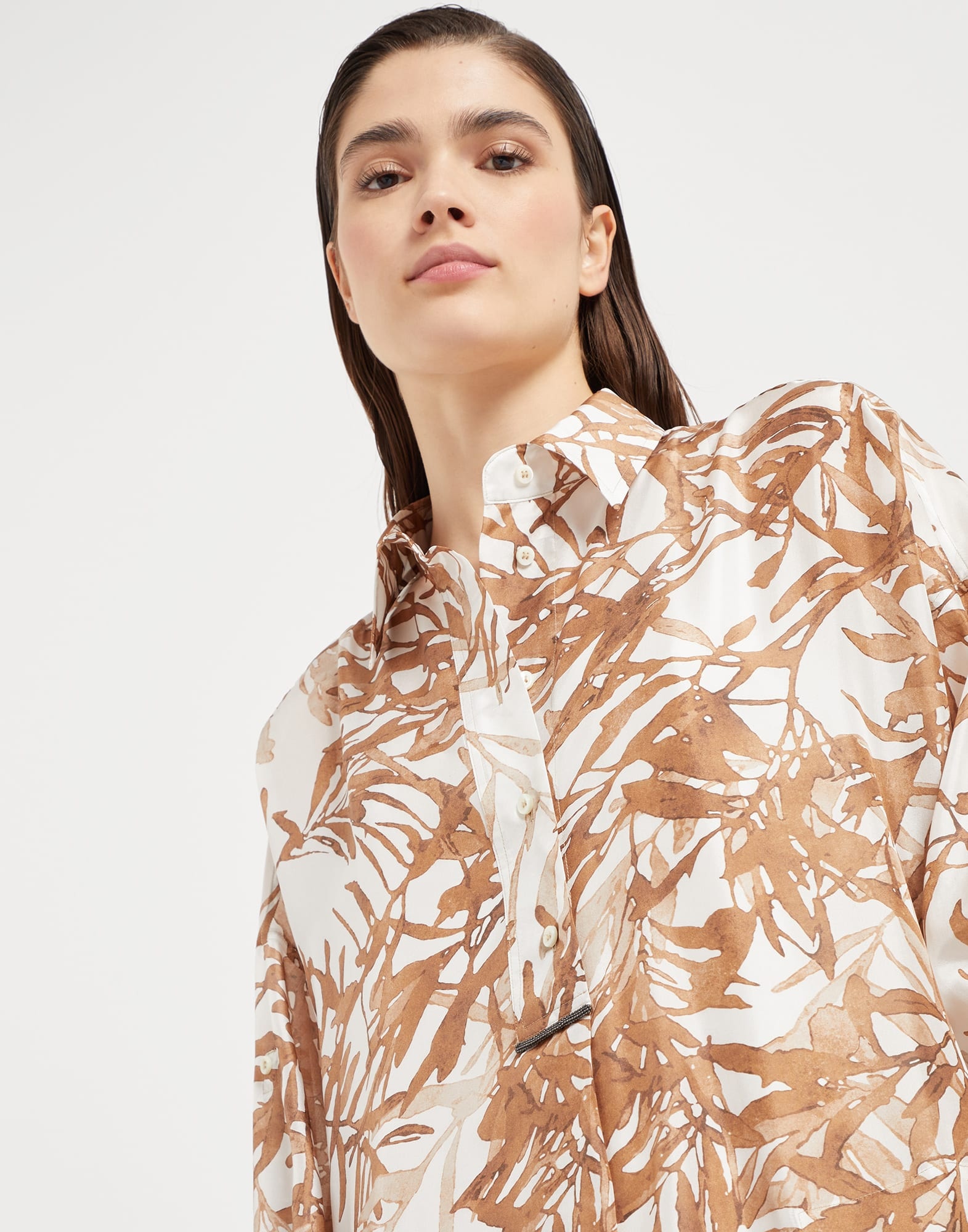 Silk herbarium print pongee shirt dress with monili - 3