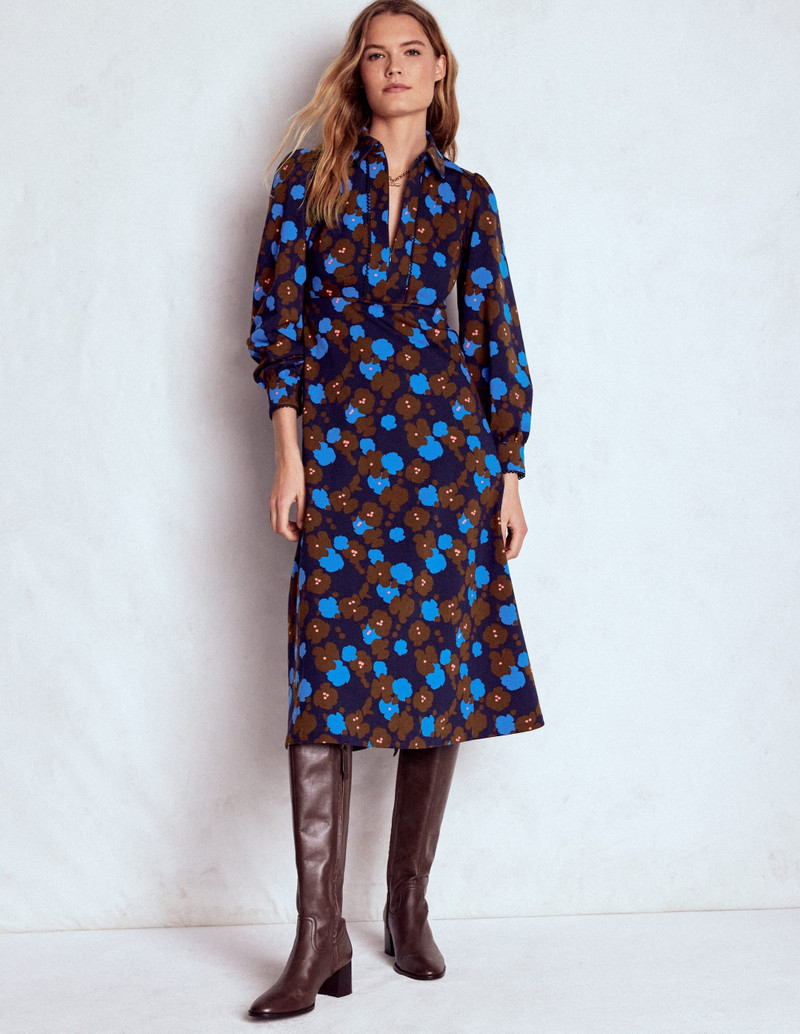 Pip Zip-Up Ponte Midi Dress-French Navy, Garden Blossom 8