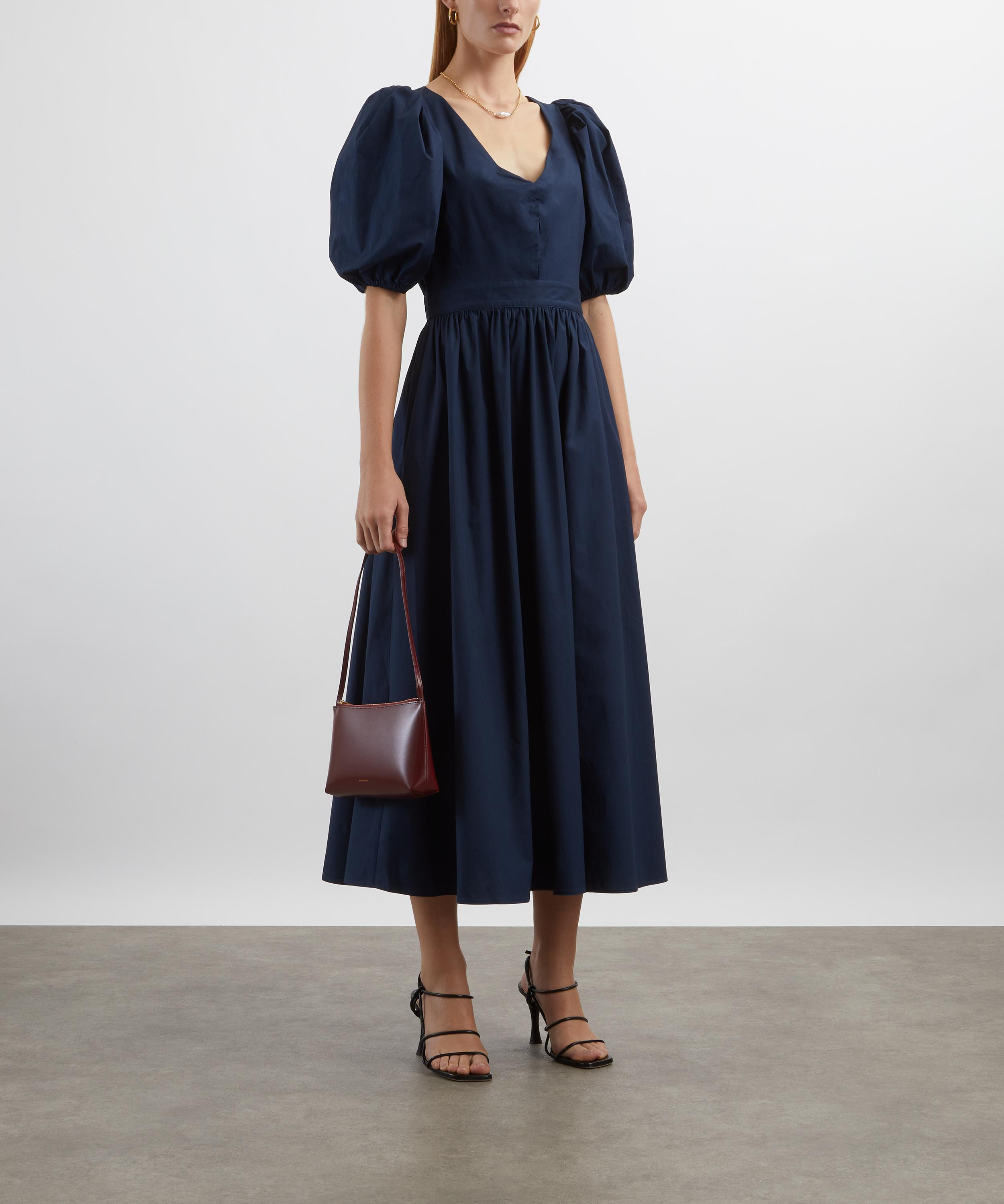 Dark Blue Puff-Sleeve Midi Dress - 2