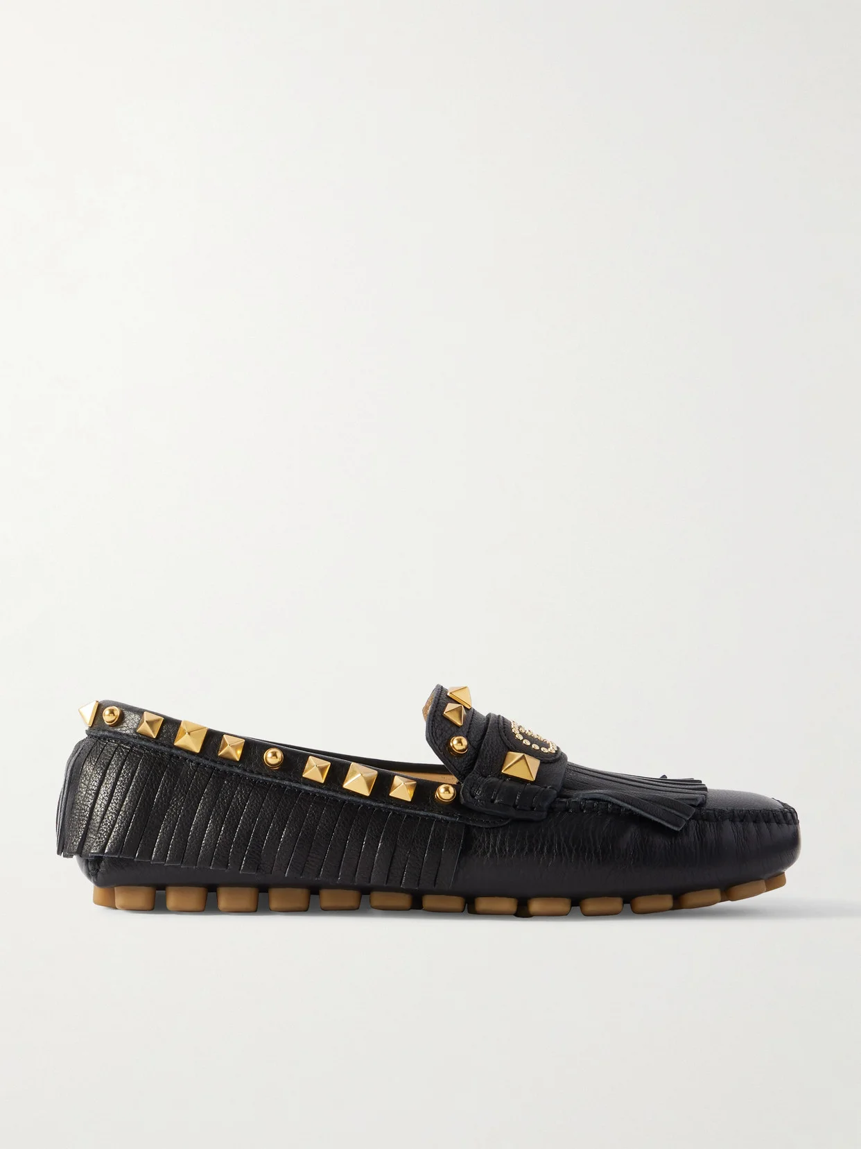 Plaster Caster Driver Fringed Studded Textured-leather Loafers - 1