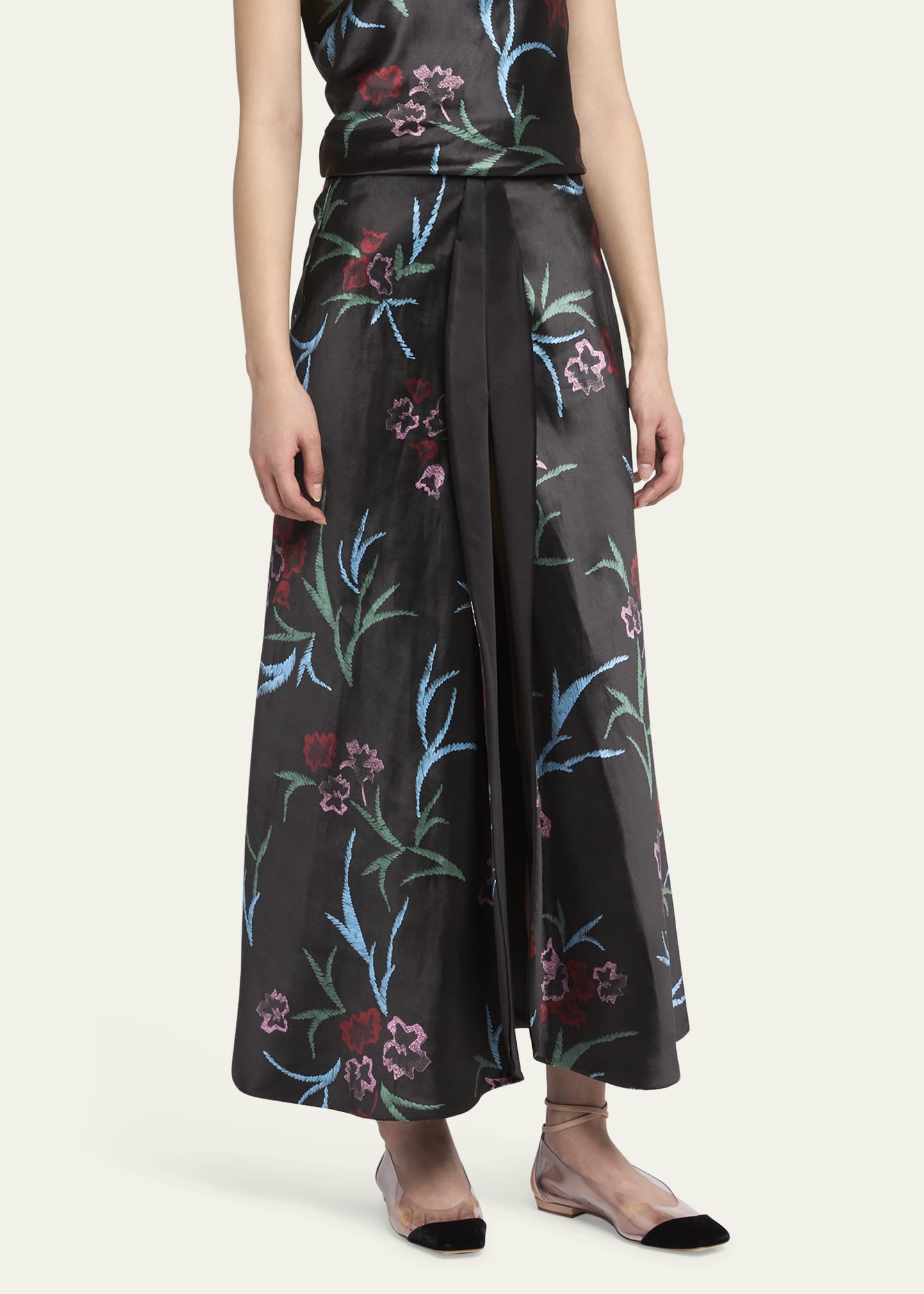 Floral Printed Maxi Silk Skirt with Pleated Center Panel - 4