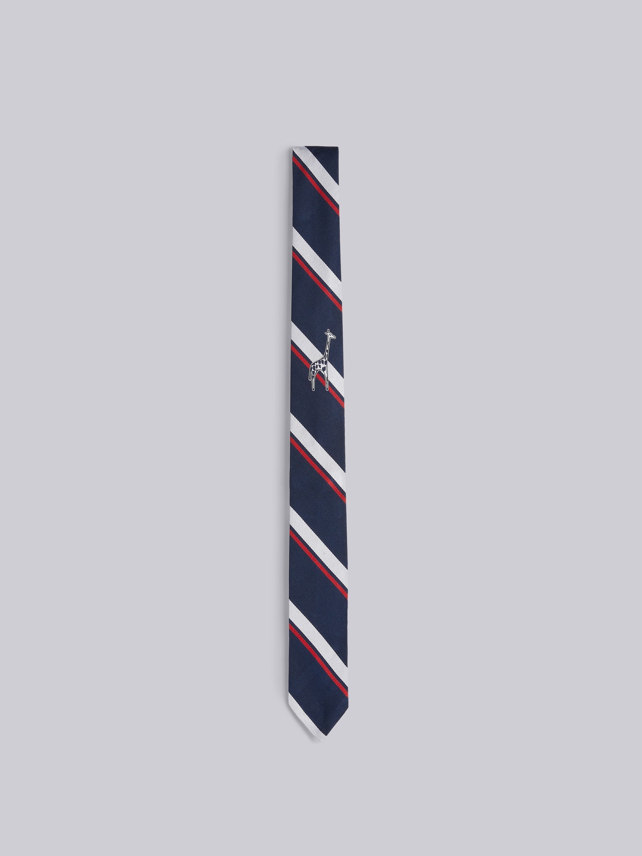 Navy Silk Tricolor Bold Stripe Giraffe Icon Jacquard Tie - 1