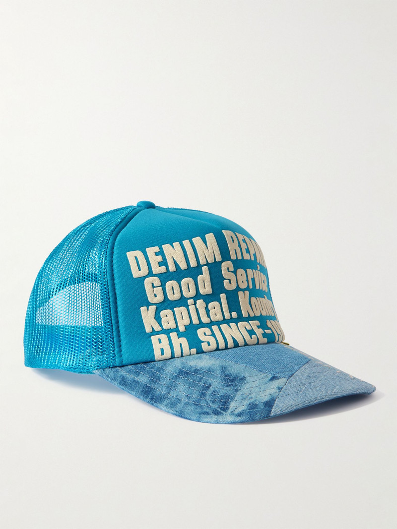 Printed Canvas, Patchwork Denim and Mesh Trucker Cap Turquoise 1