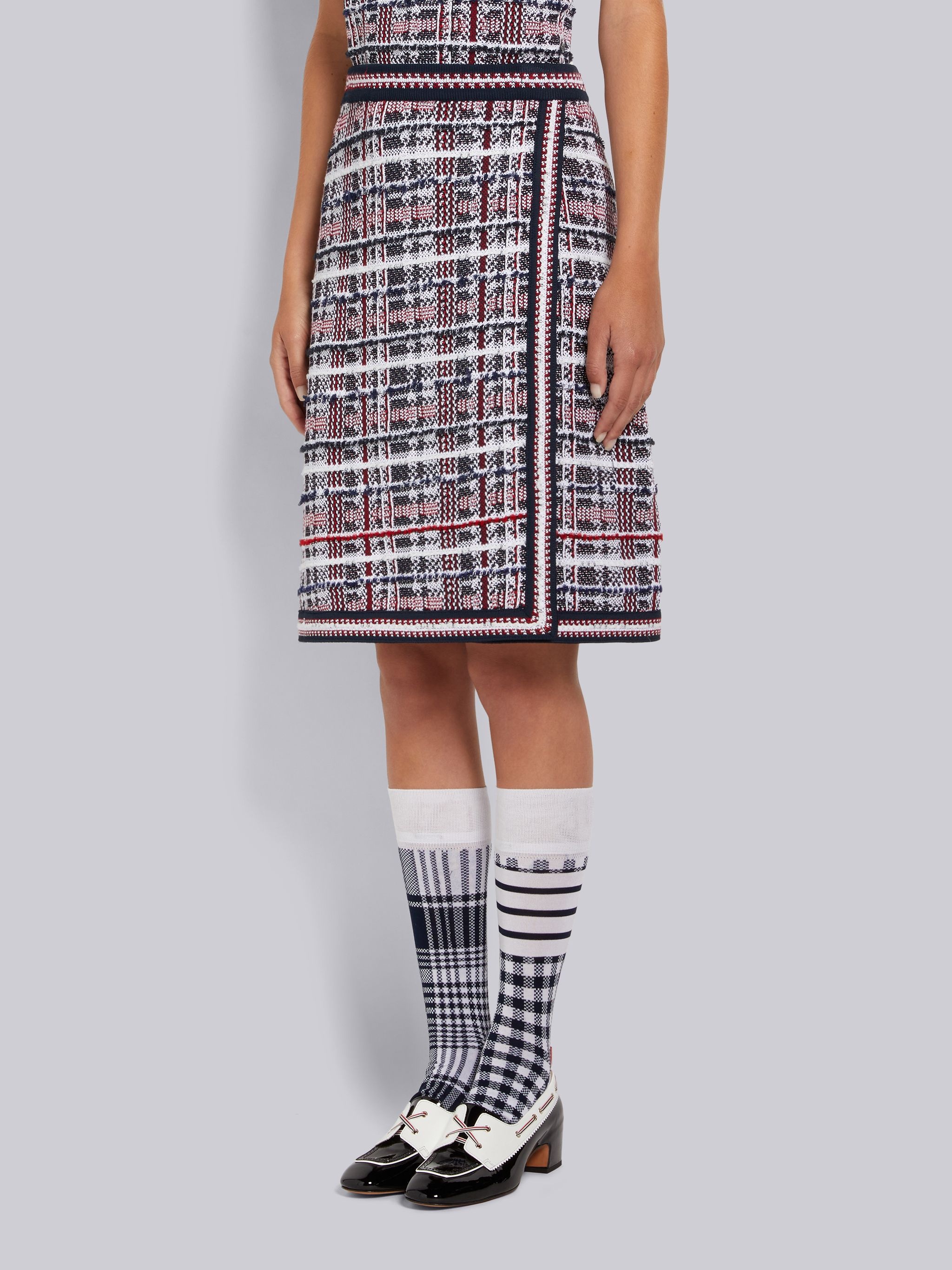 Multicolor Hairline Madras Check Jacquard Stripe Inlay A-line Knee Length Skirt - 2