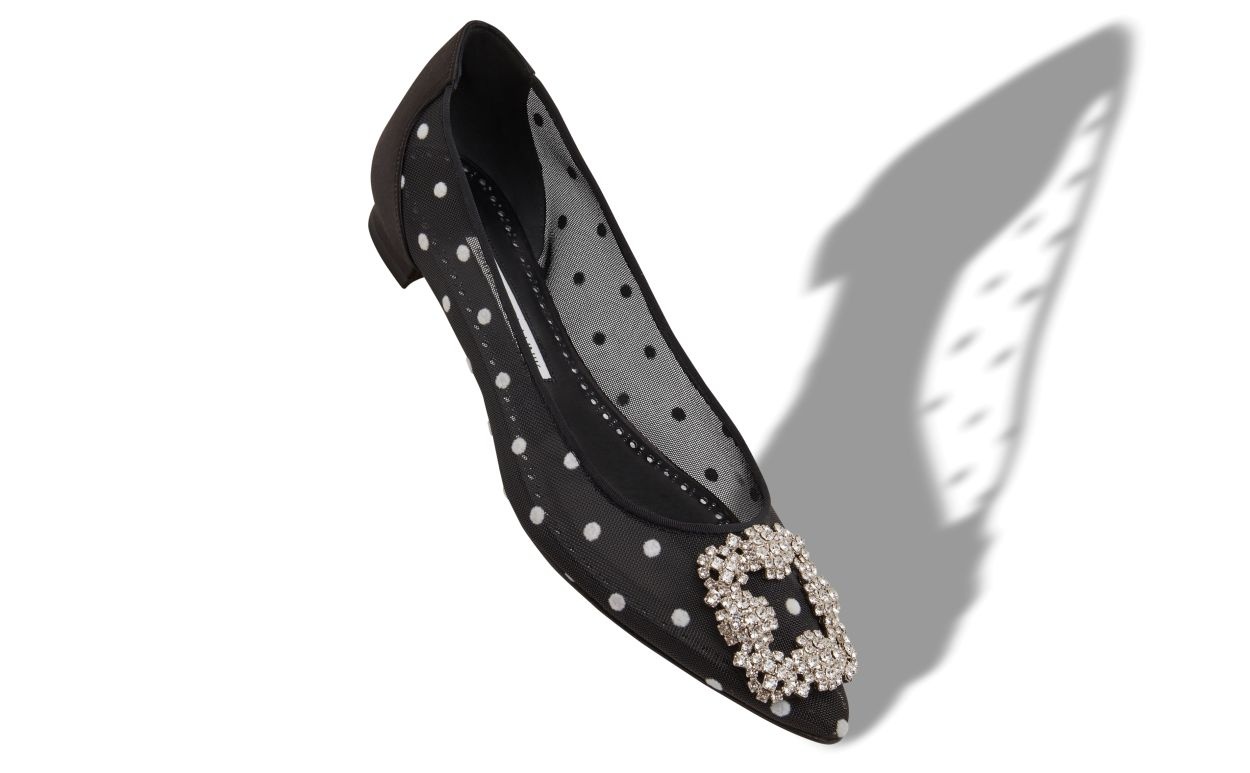 Black and White Mesh Jewel Buckle Flat Pumps - 2