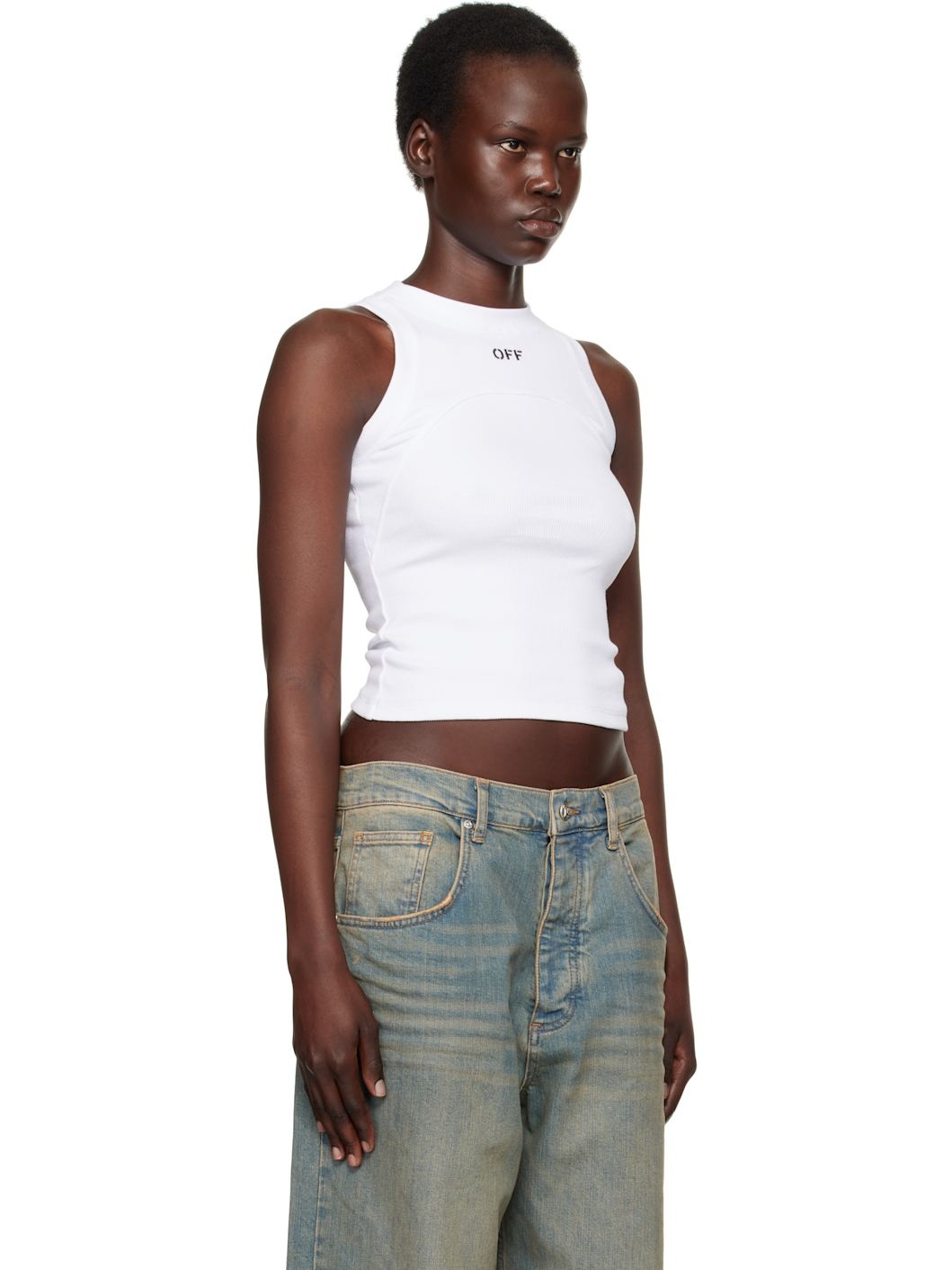 White 'Off' Stamp Rib Round Tank Top - 2