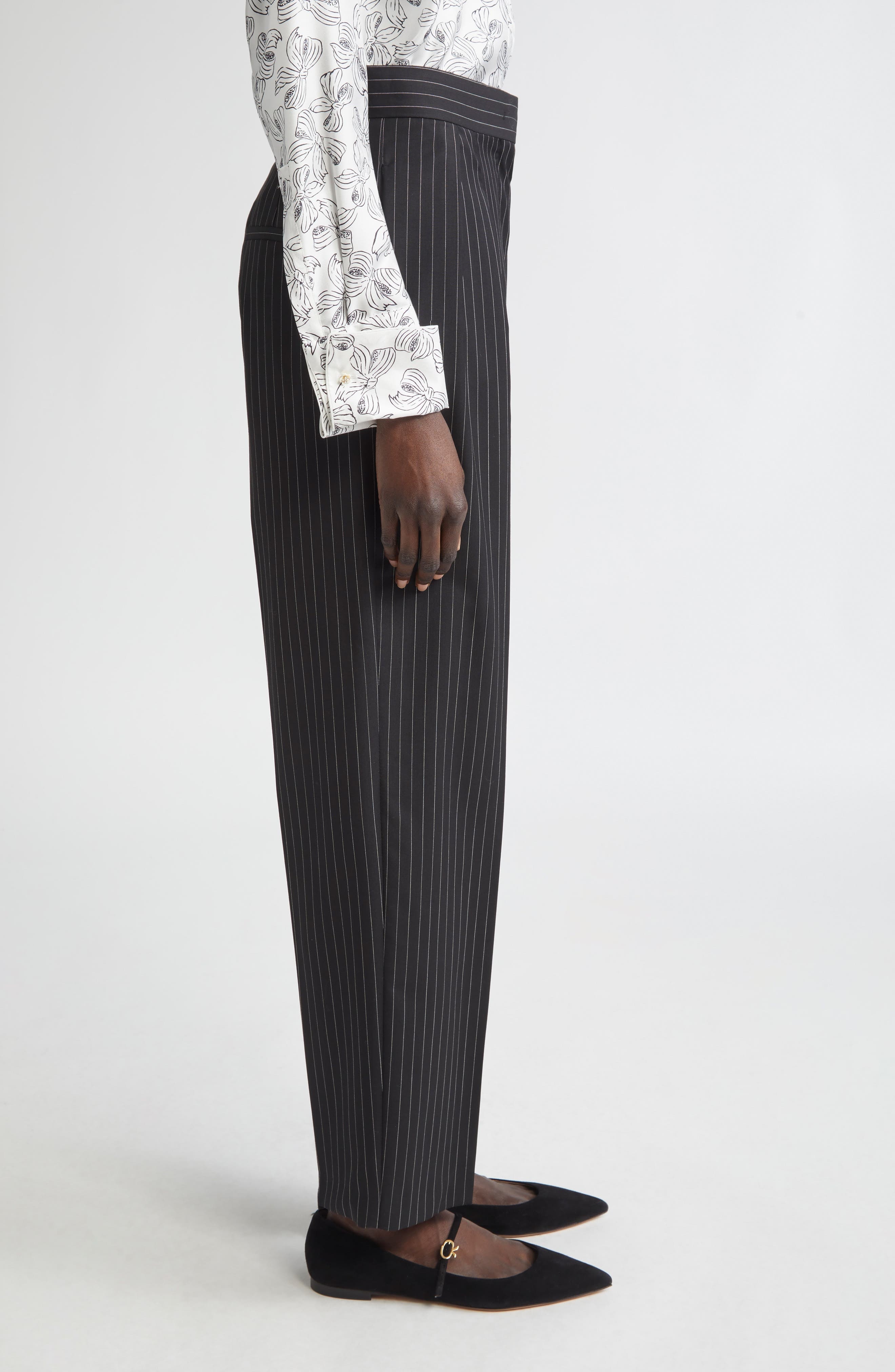 Max Mara Sesamo Pinstripe Wool Straight Leg Pants in Black/White at Nordstrom - 4