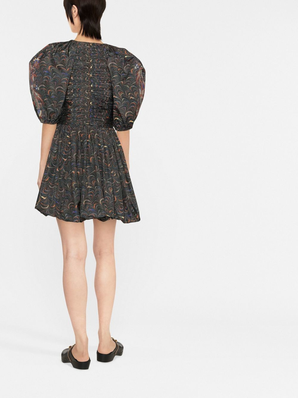 marbled puff-sleeve ruched dress - 4