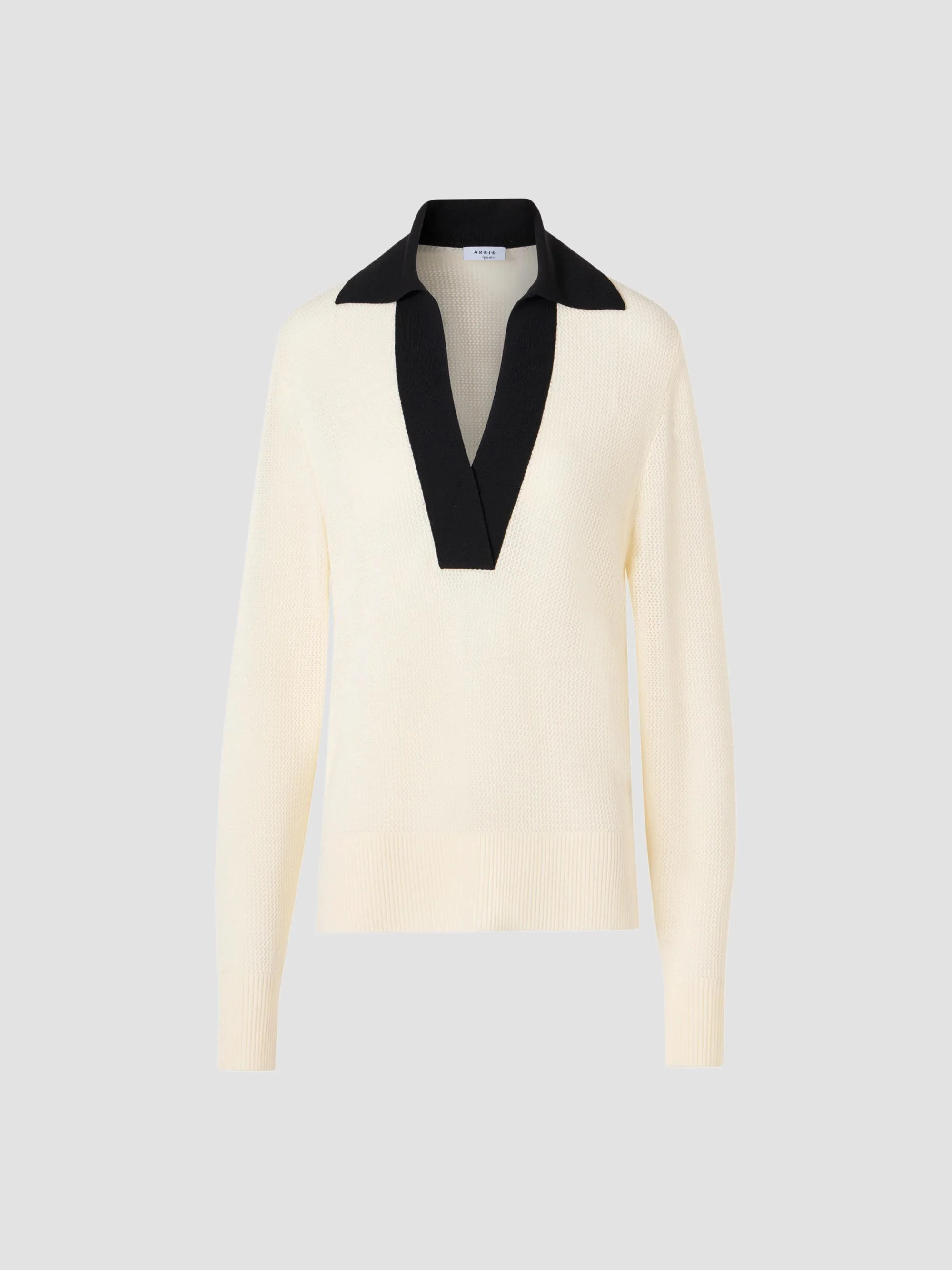 Women's Mesh Wool Knit Polo Sweater - Ivory Black - 1