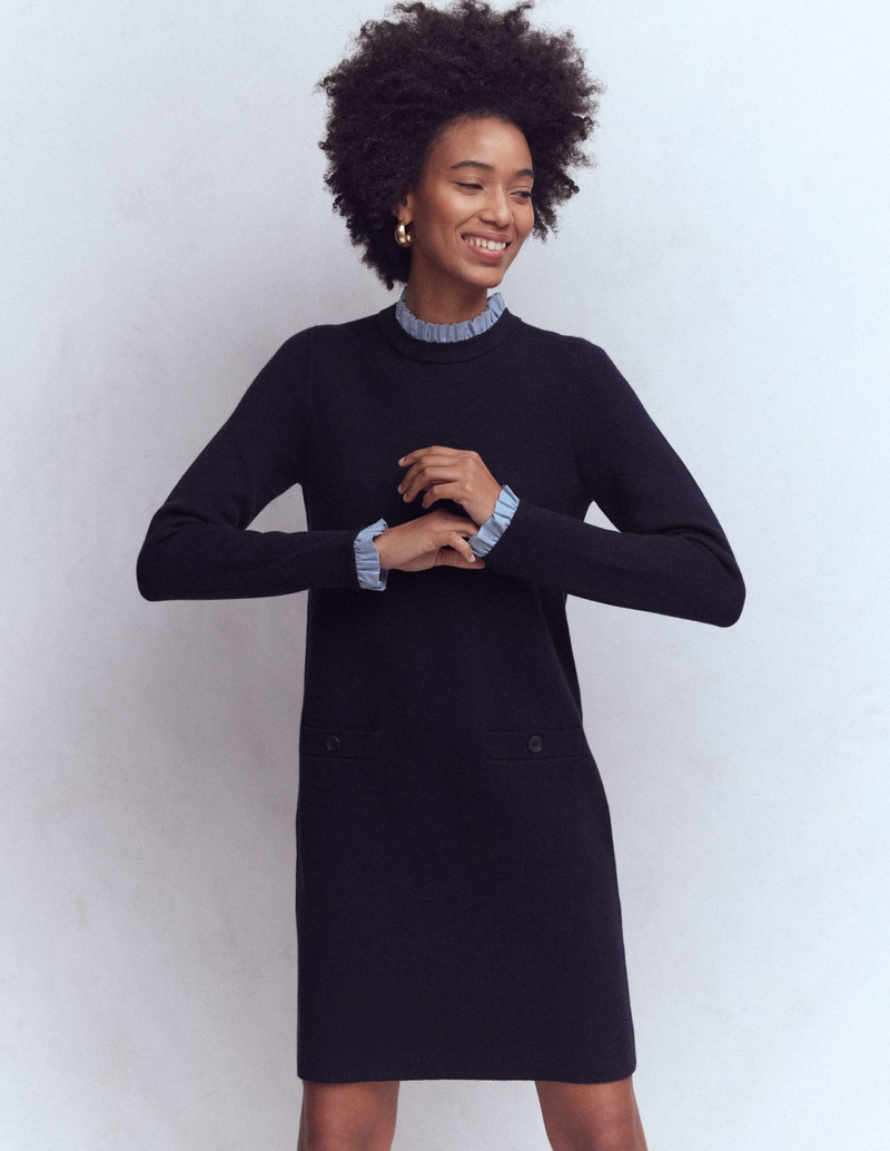 Trim Knitted Dress-Navy 6