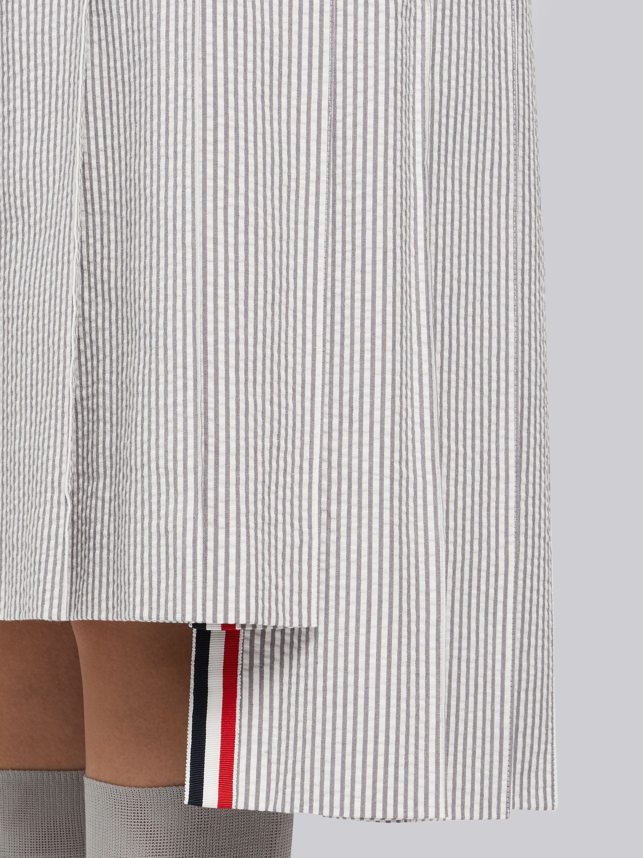 Medium Grey Seersucker Below-the-knee Pleated Skirt - 5