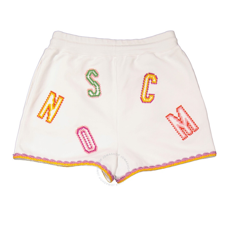 Moschino Ladies Fantasy Print White Logo-Embroidered Lace-Trim Shorts - 2