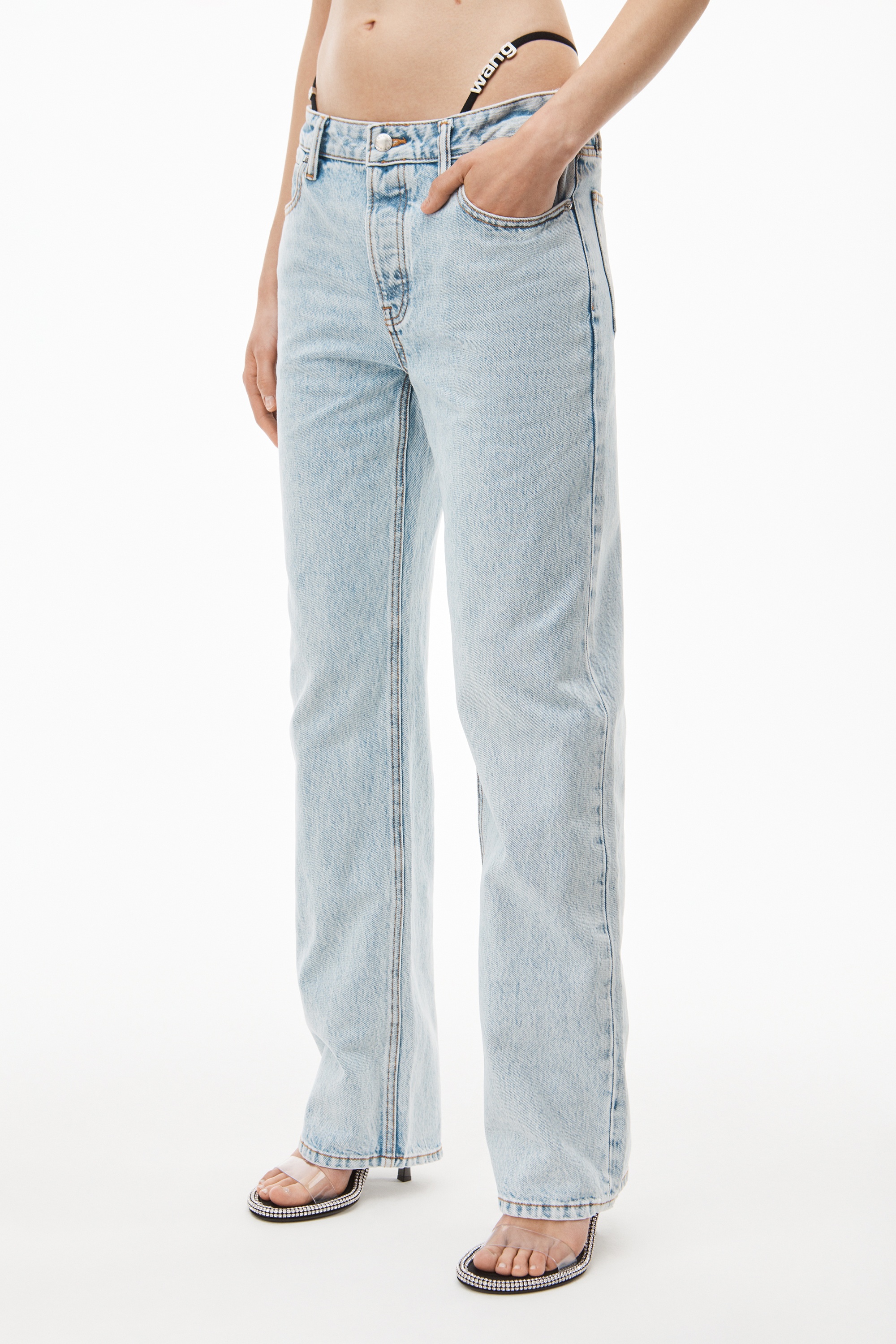 DIAMANTE LOGO STRAP LAYER JEAN IN DENIM - 3