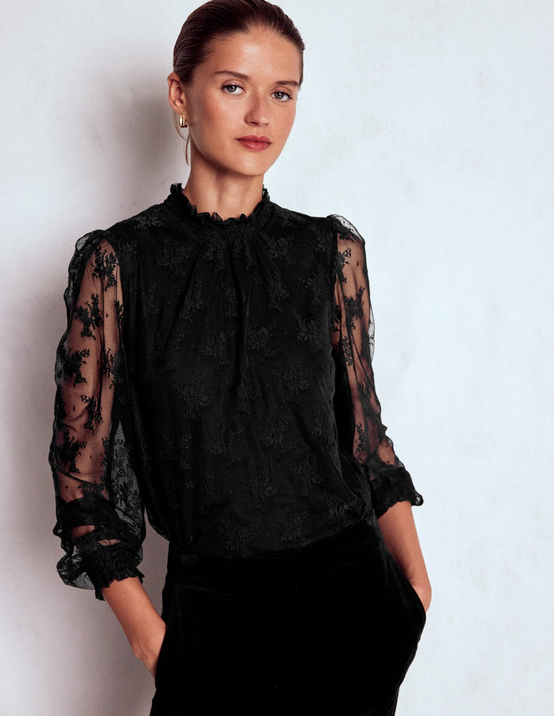 Smock Neck Tulle Top-Black 5
