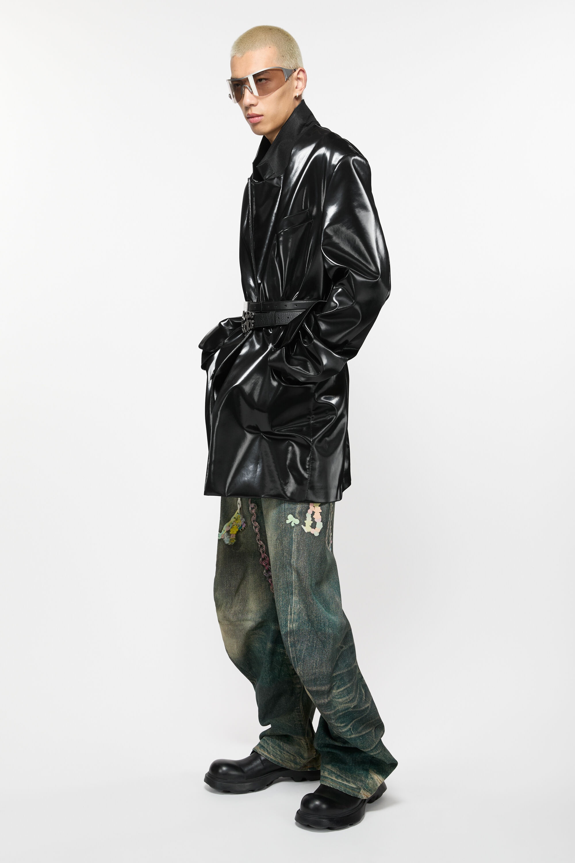 Single-breasted glossed overcoat - Black - 5