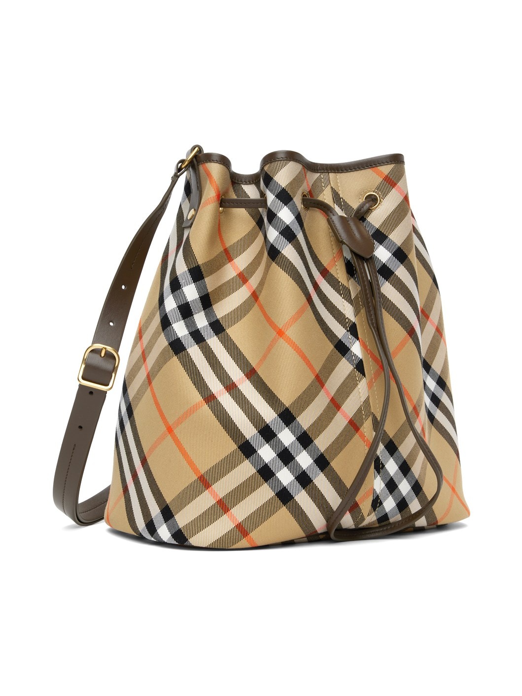 Beige Jacquard Check Drawstring Bucket Bag - 2