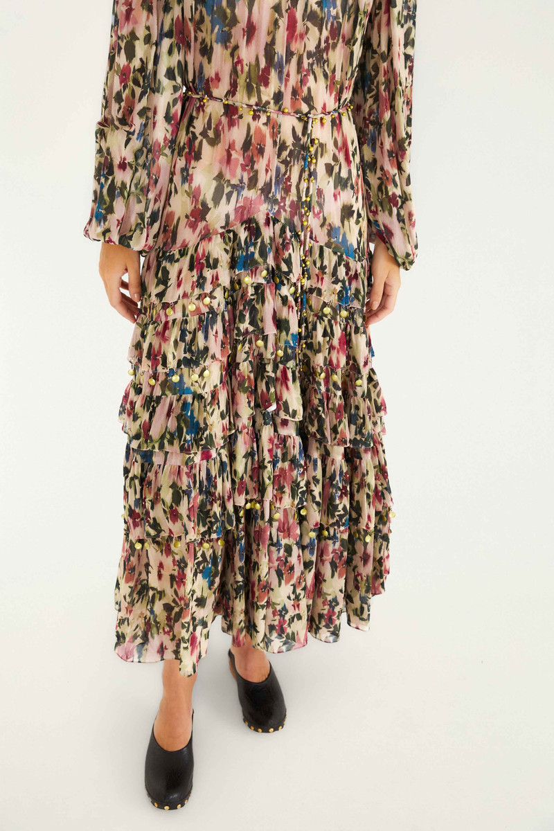 Pink Blurred Tiny Flowers Long Sleeve Maxi Dress 7