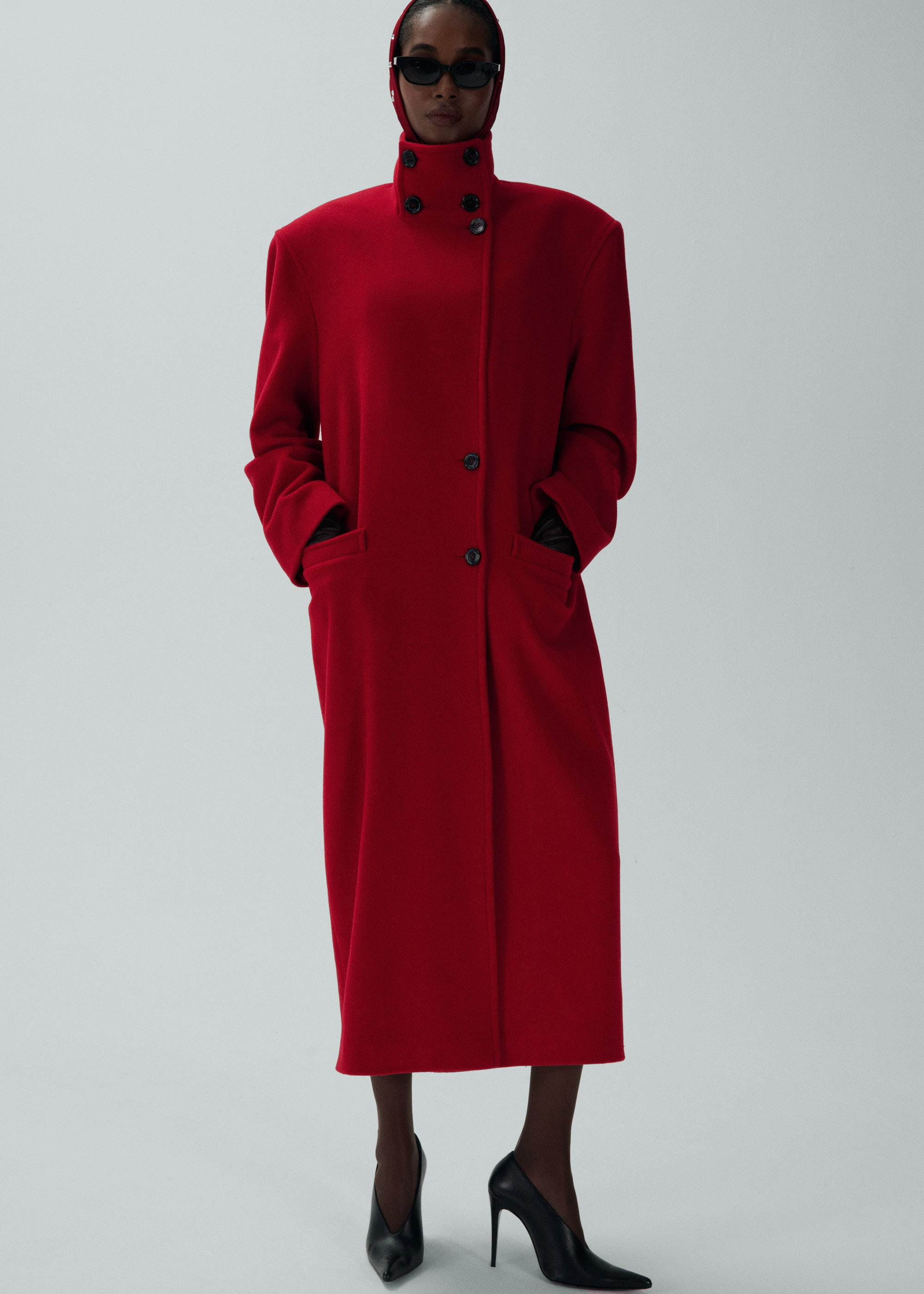 Oversized high collar wool coat in red - 3