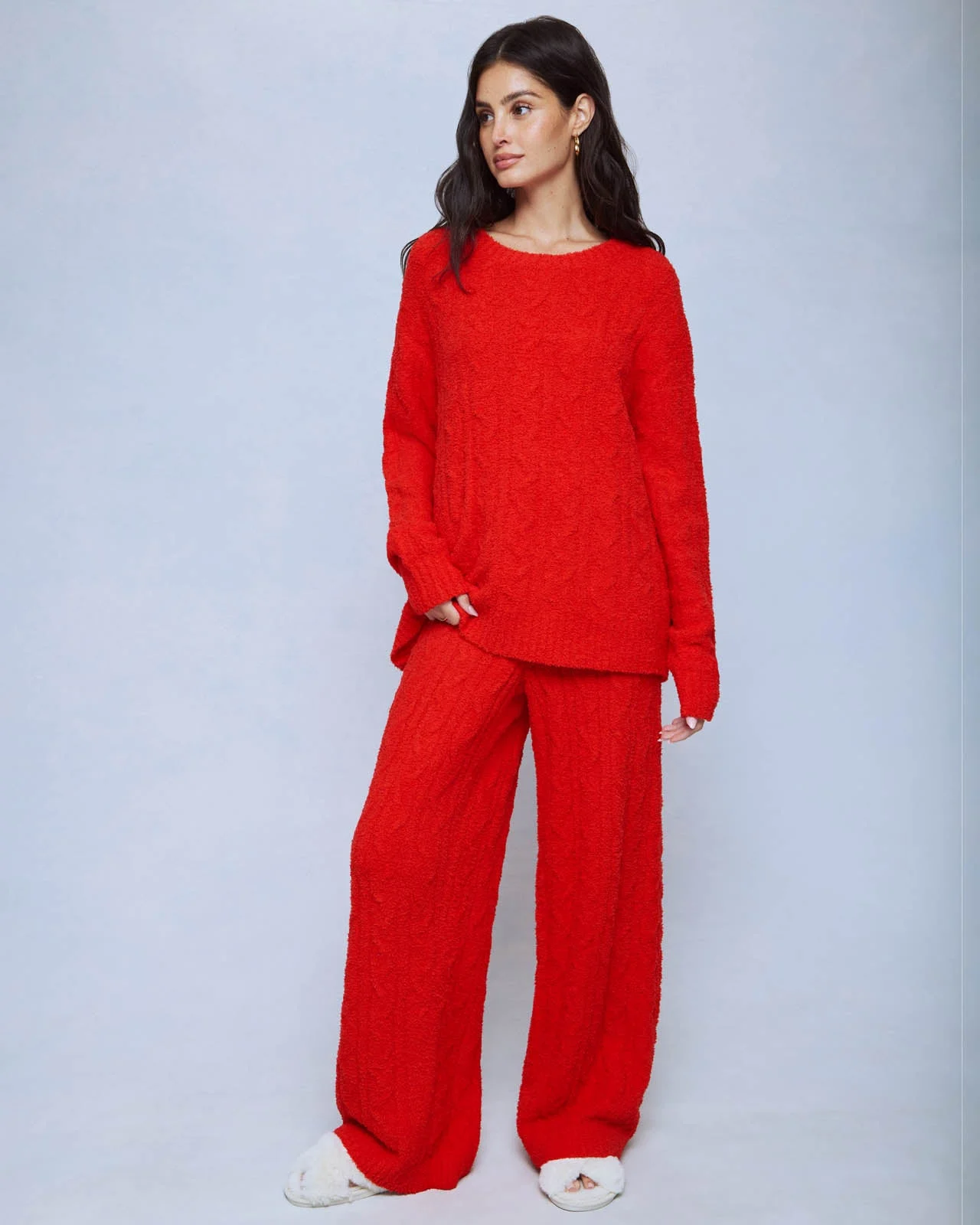 Poinsettia Fuzzy Cable Knit Sweater Wide Leg PJ Set - 1