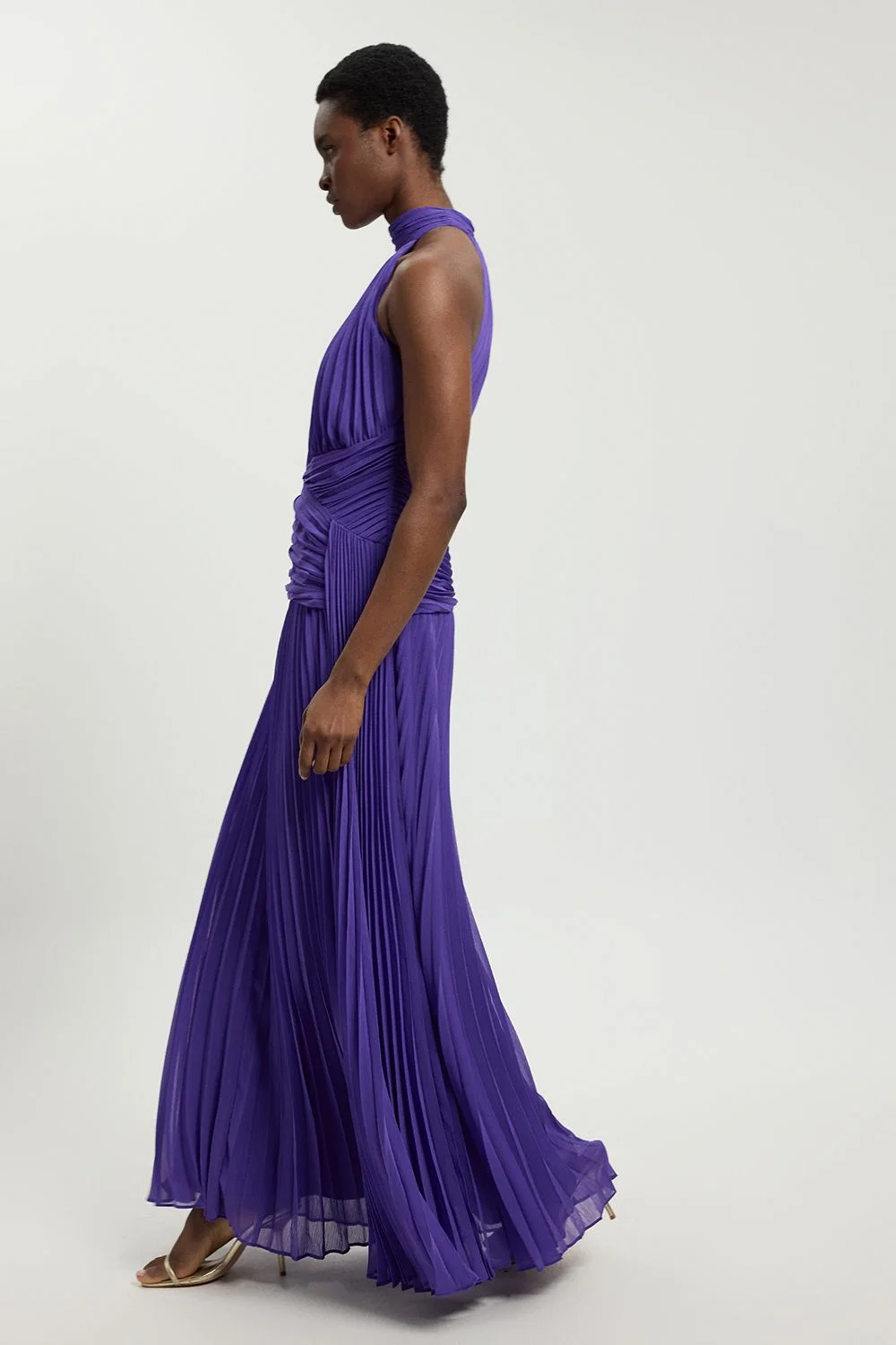 Petite Pleated Twist Front Woven Halter Midi Dress - 1