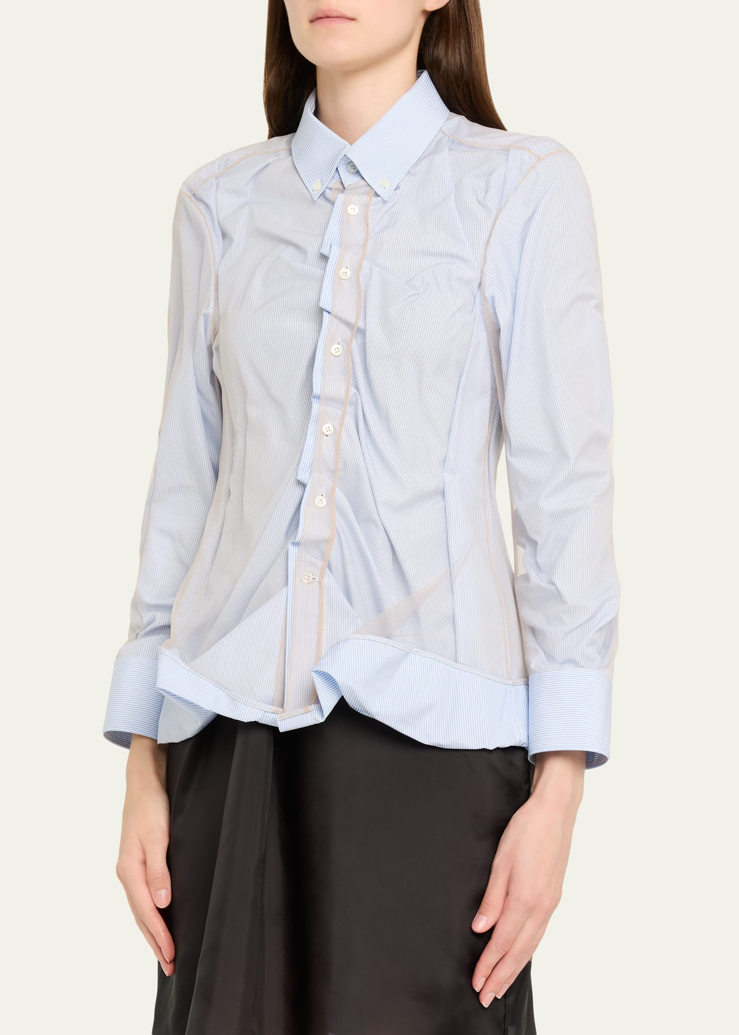 Layered Draped Stripe Button-Down Blouse - 4