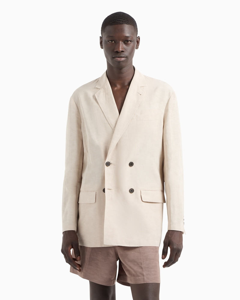 EMPORIO ARMANI DOUBLE-BREASTED LINEN-BLEND BLAZER outlook