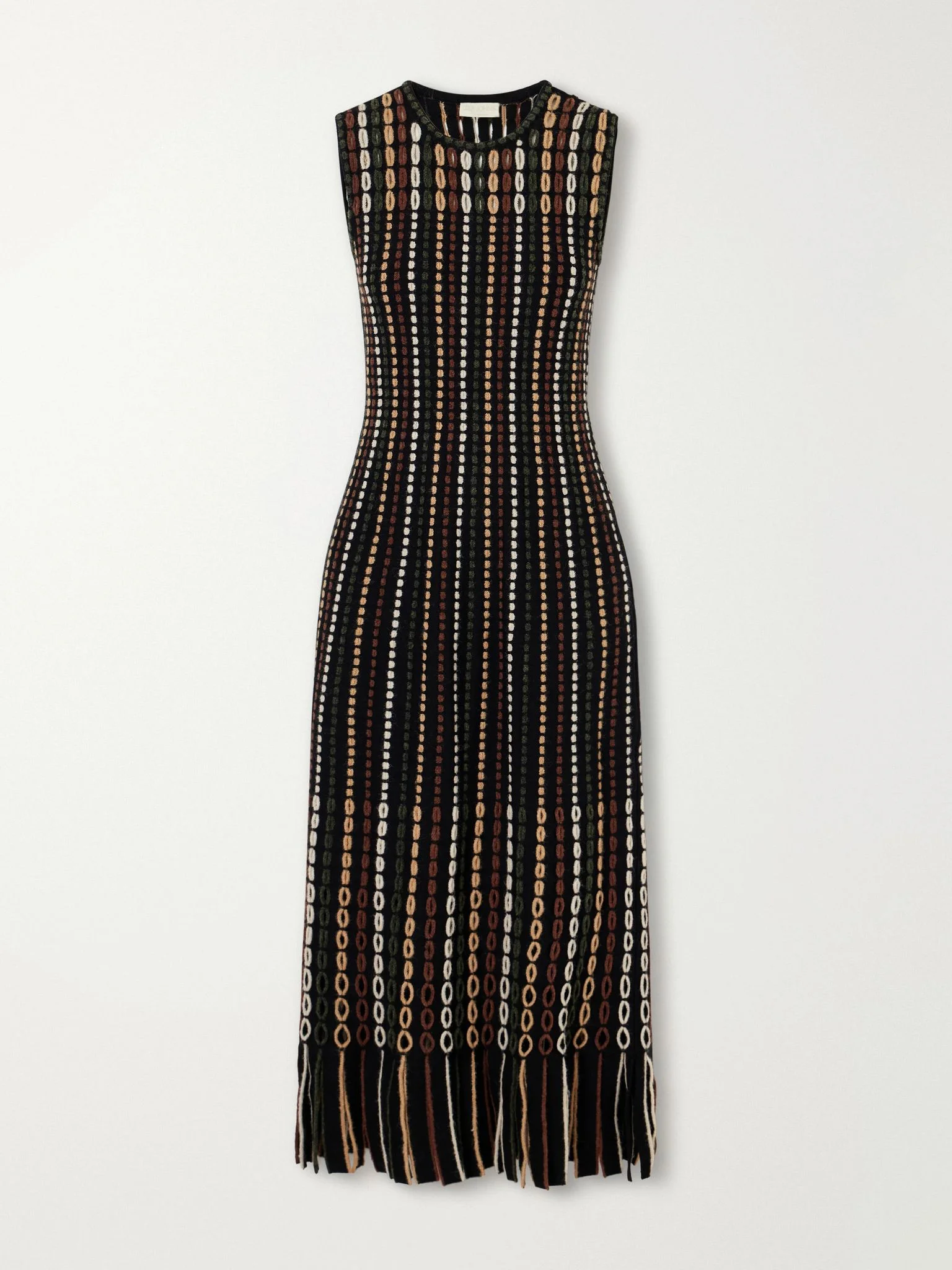Amina fringe-trimmed stripe-inlain wool-blend midi dress Brown - 1