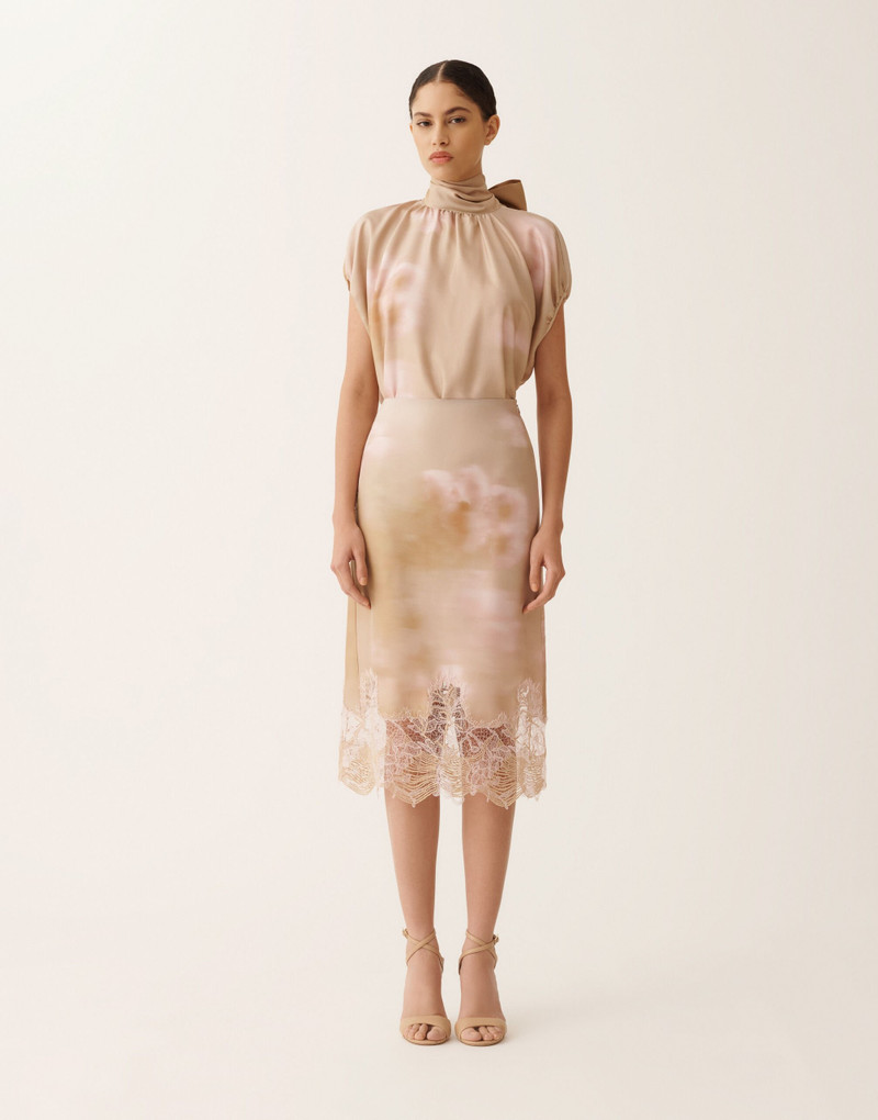 Printed silk twill skirt with lace 3