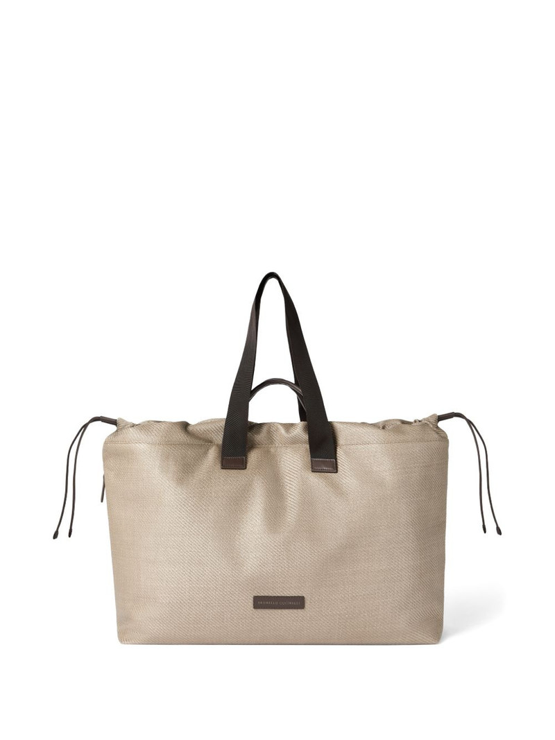 Raffia-effect nylon and leather small leisure bag 1