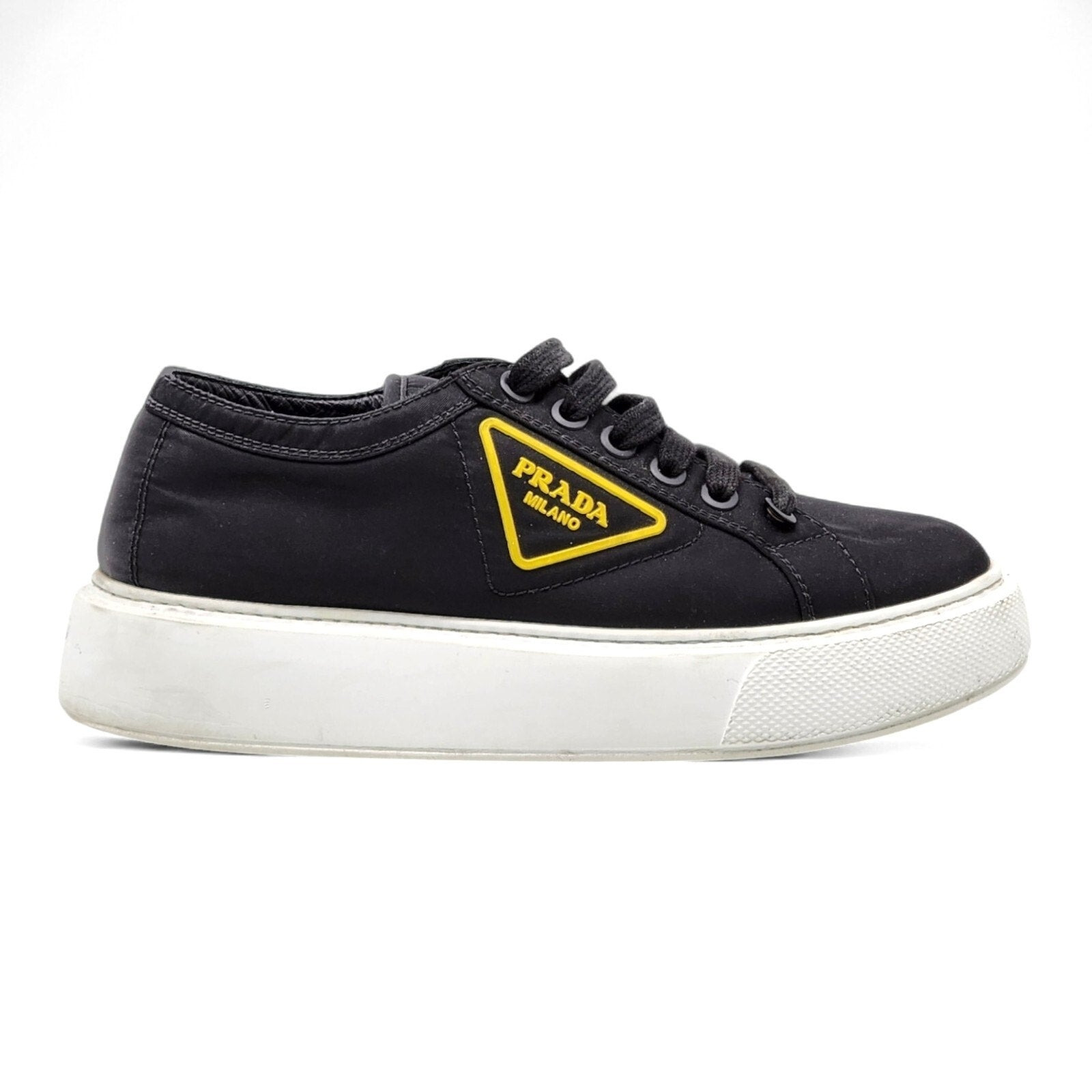 Prada Nylon Gabardine Wheel Low Women's Sneakers Black Yellow - EU 38.5 US 8 - 2
